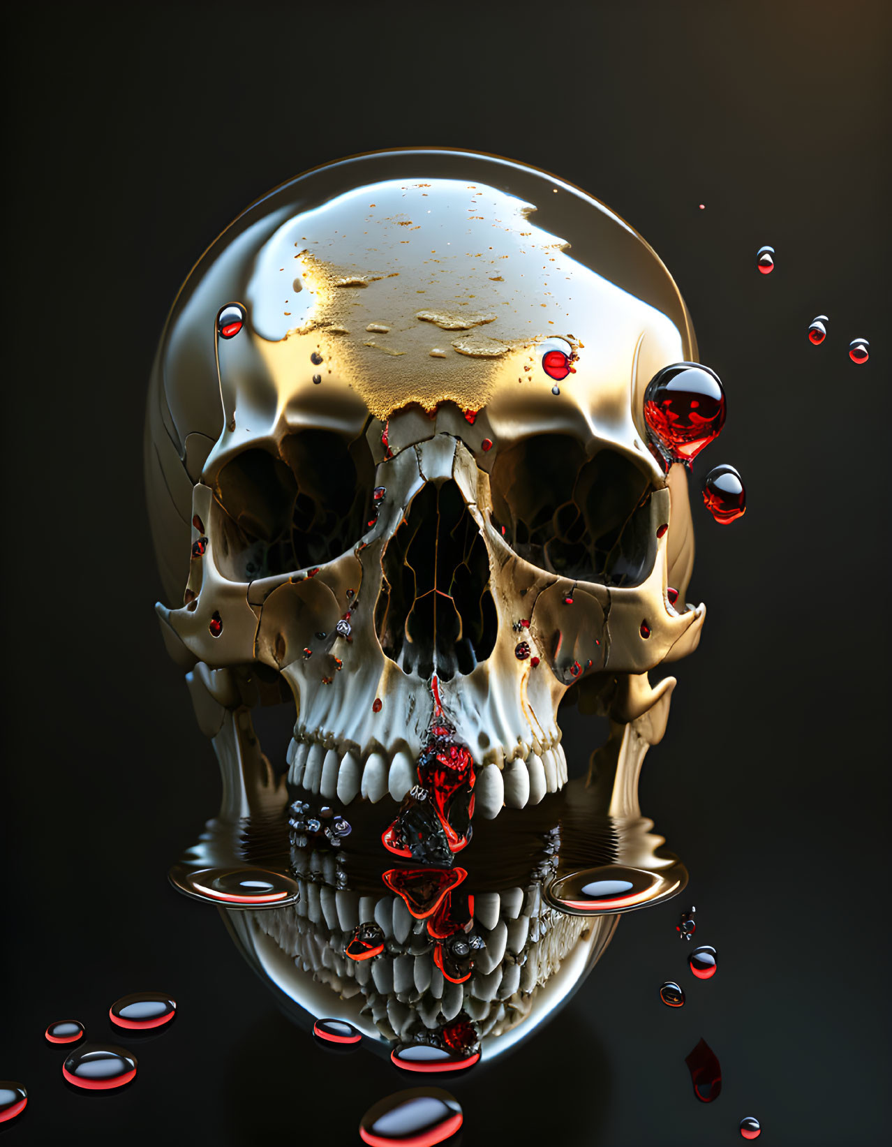 Golden skull with red liquid droplets on dark background