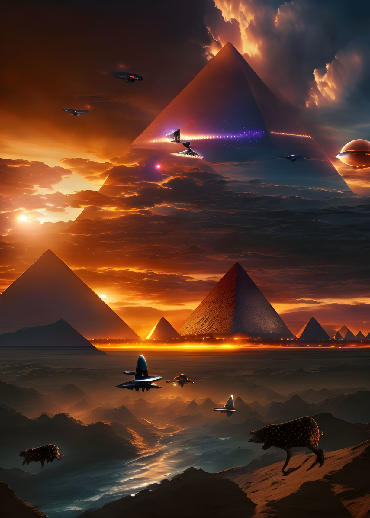 Futuristic ships over illuminated pyramids with leopard in desert landscape