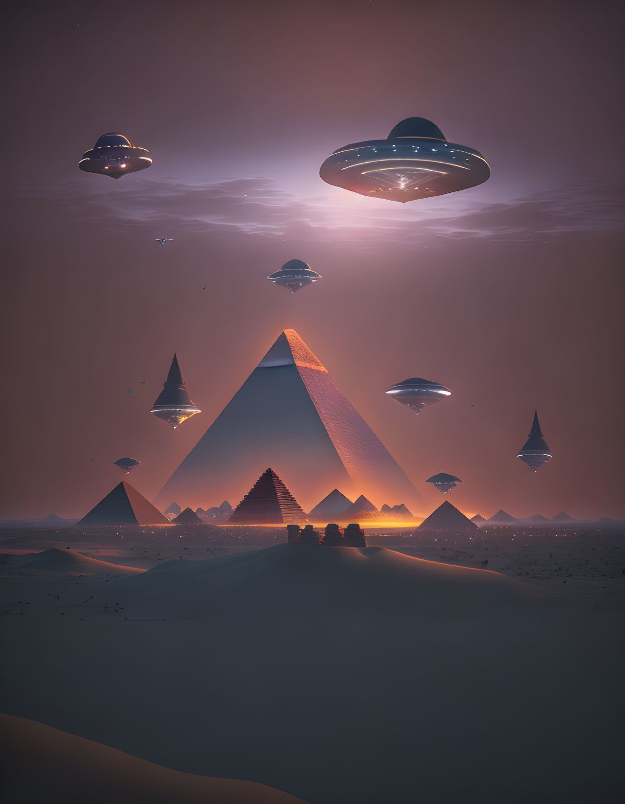 Mysterious UFOs above Egyptian pyramids at dusk