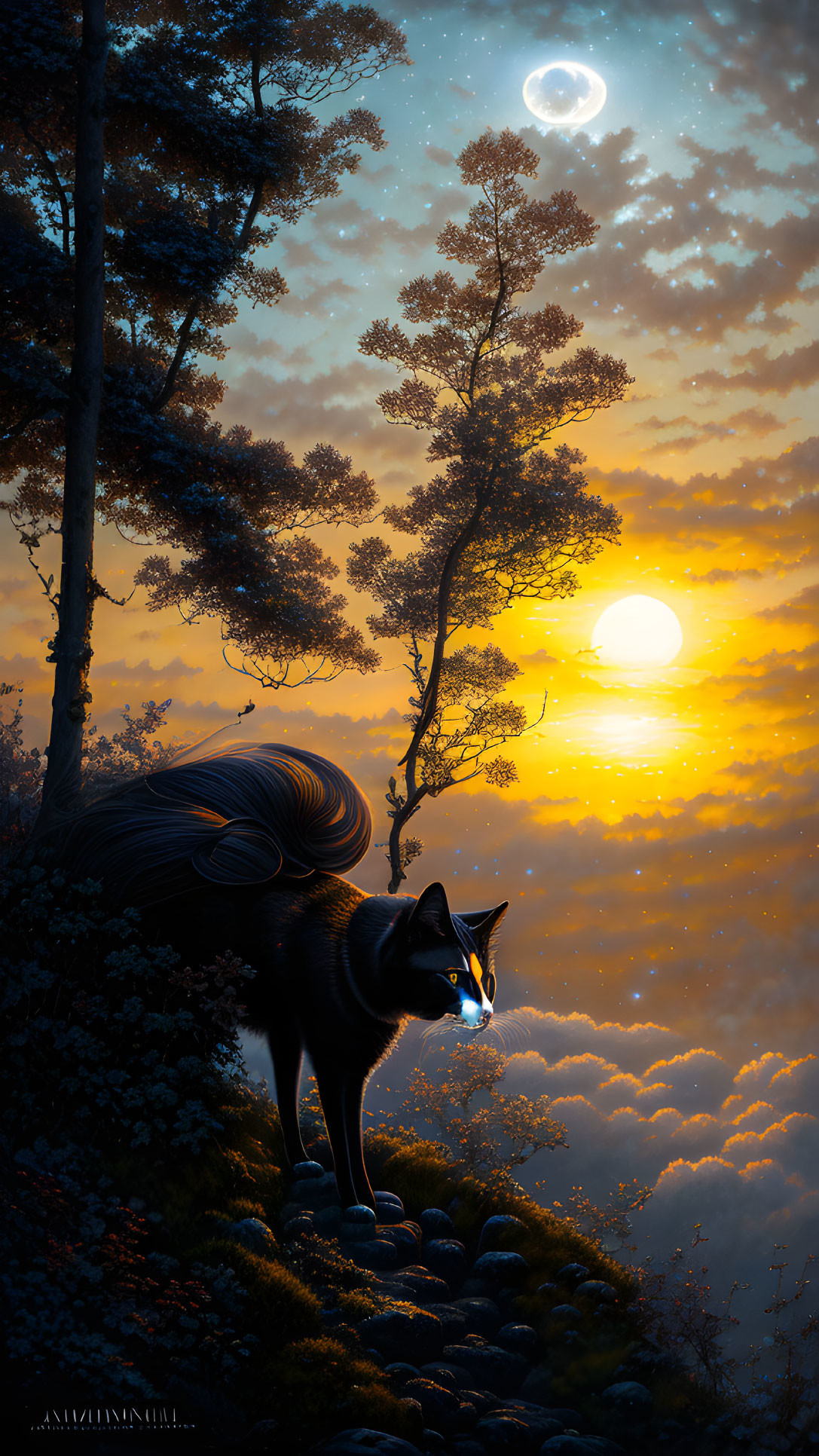 Mystical fox with glowing eyes on rocky outcrop under dual-lit sky