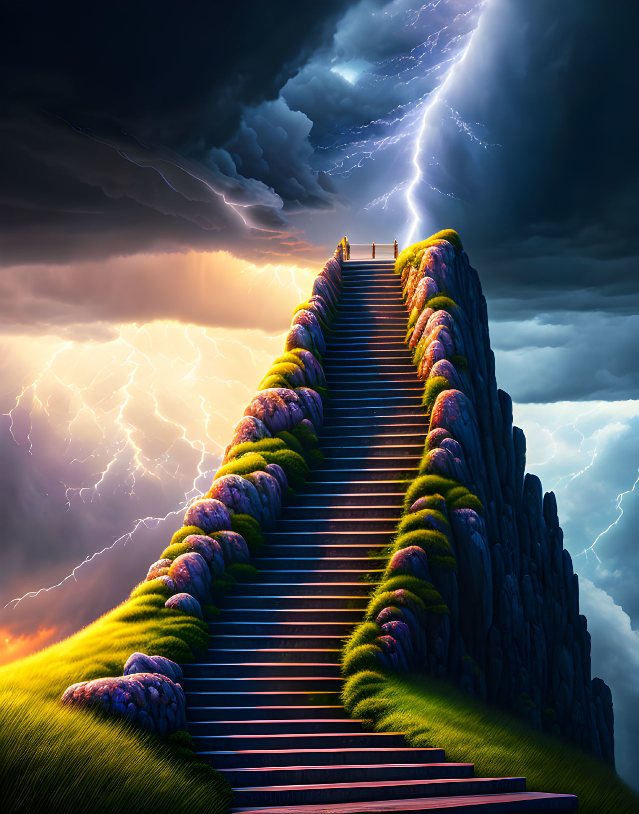 Surreal stairway ascends through stormy sky with lightning