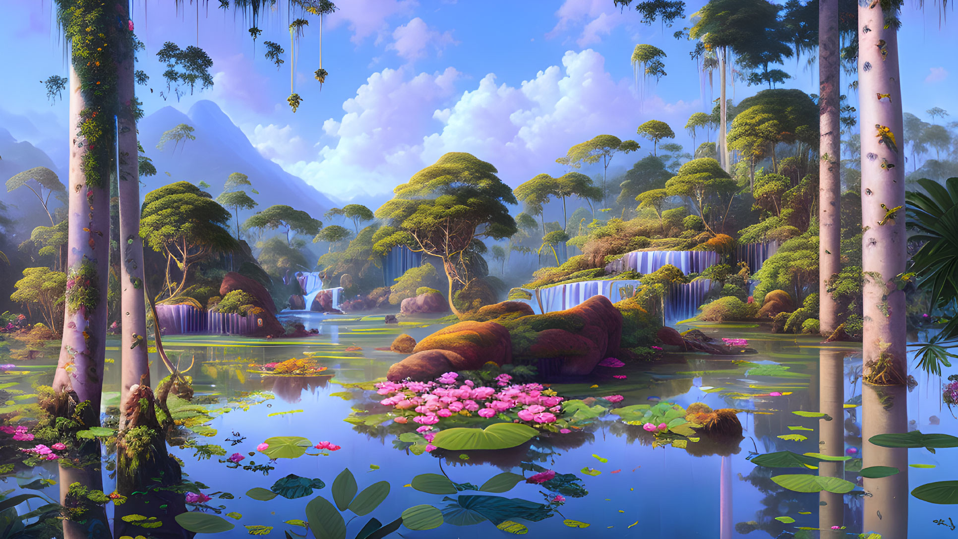 Tranquil landscape with lake, waterfalls, lilies, and trees