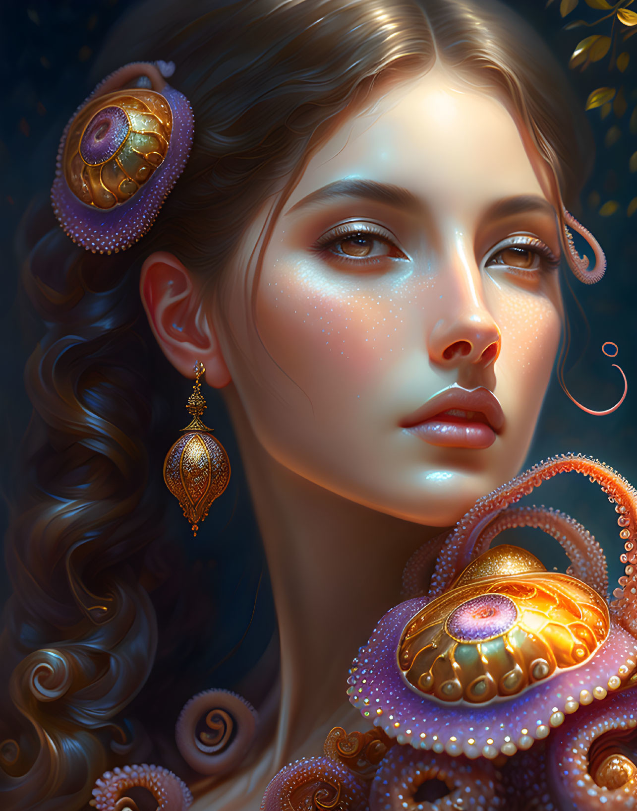 Cosmic-themed digital portrait of a woman with golden jewelry on starry background