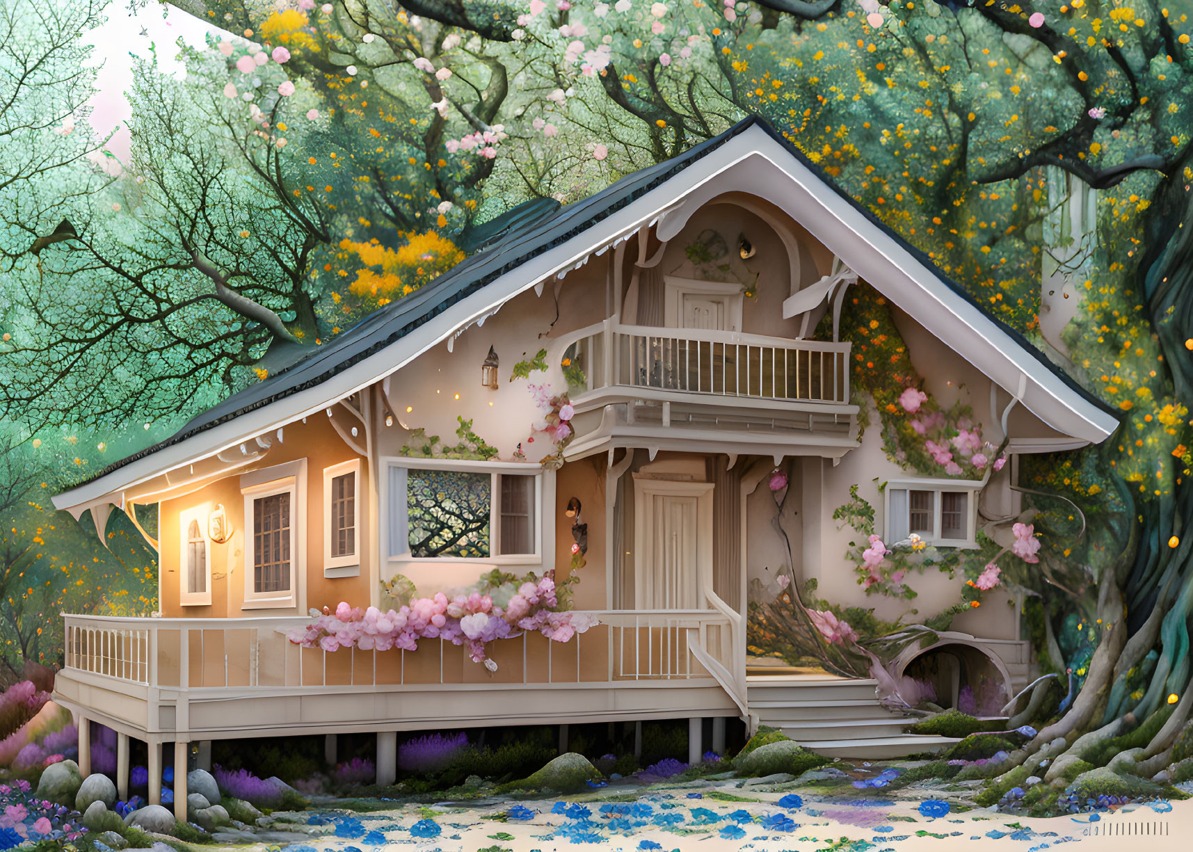 Colorful Blossoms Surround Quaint House in Enchanting Forest