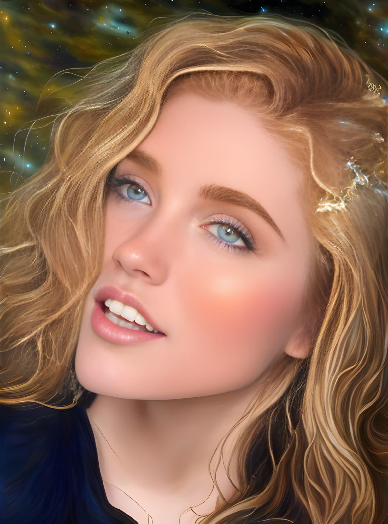 Blonde Woman Portrait with Blue Eyes on Starry Background