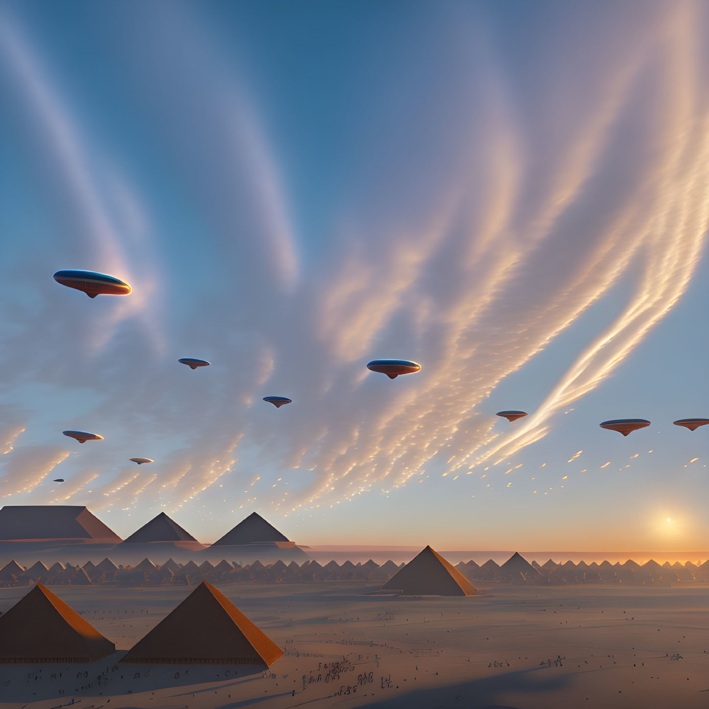 Pyramids in desert landscape with elongated clouds and flying saucers.