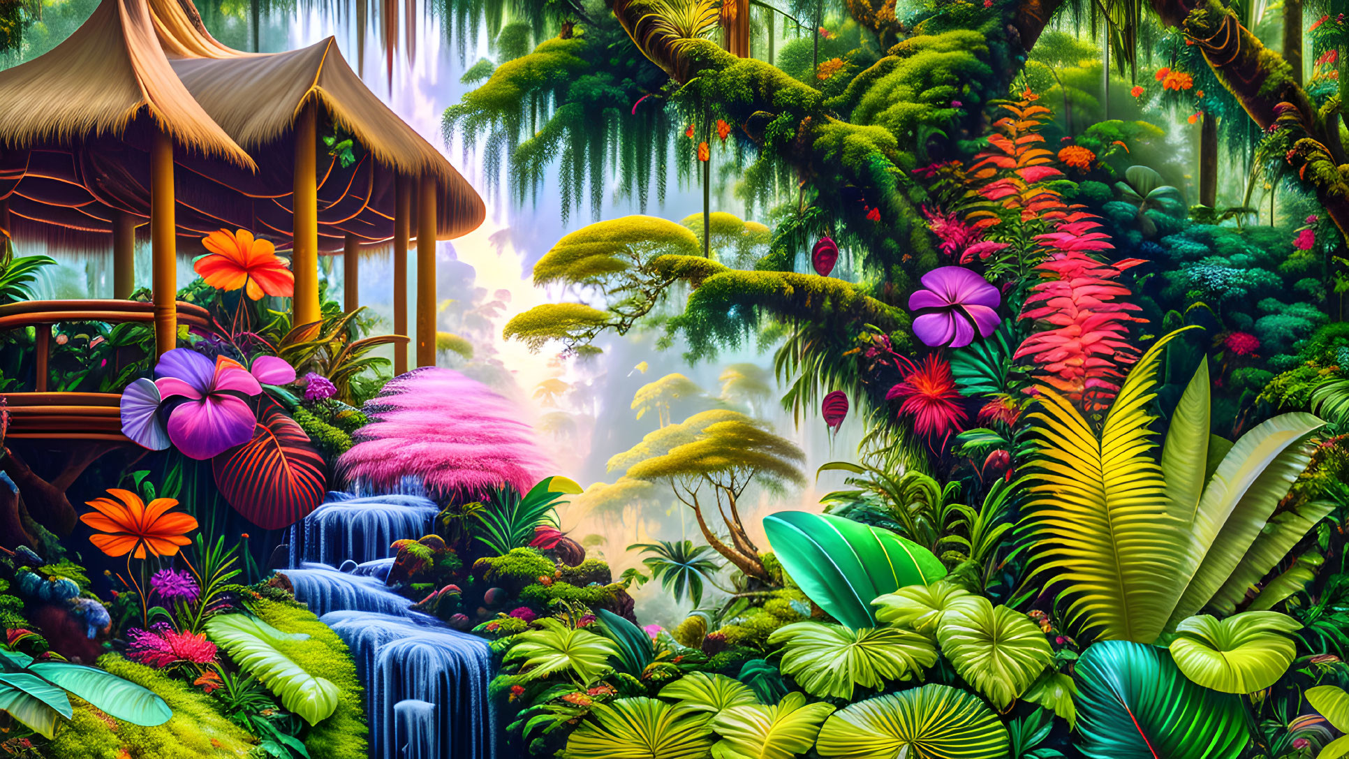 Fantasy jungle illustration with wooden structure and waterfall