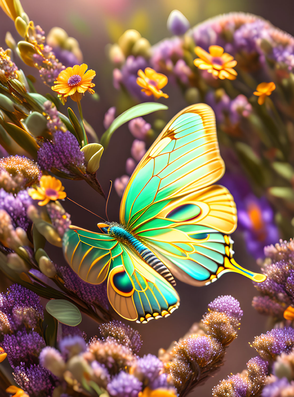 Colorful Butterfly Resting on Purple Flowers with Soft-Focus Background