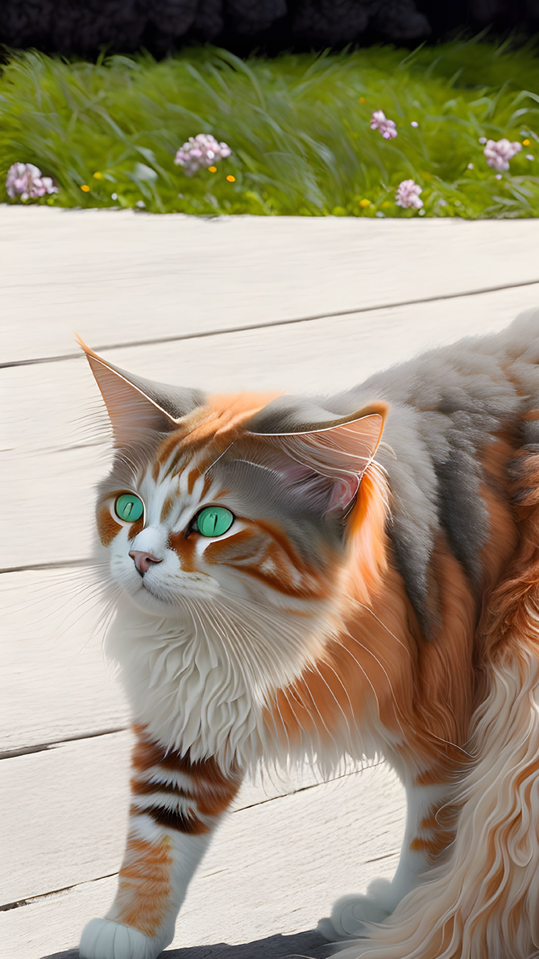 Long-Haired Cat with Green Eyes on Wooden Deck with Purple Flowers