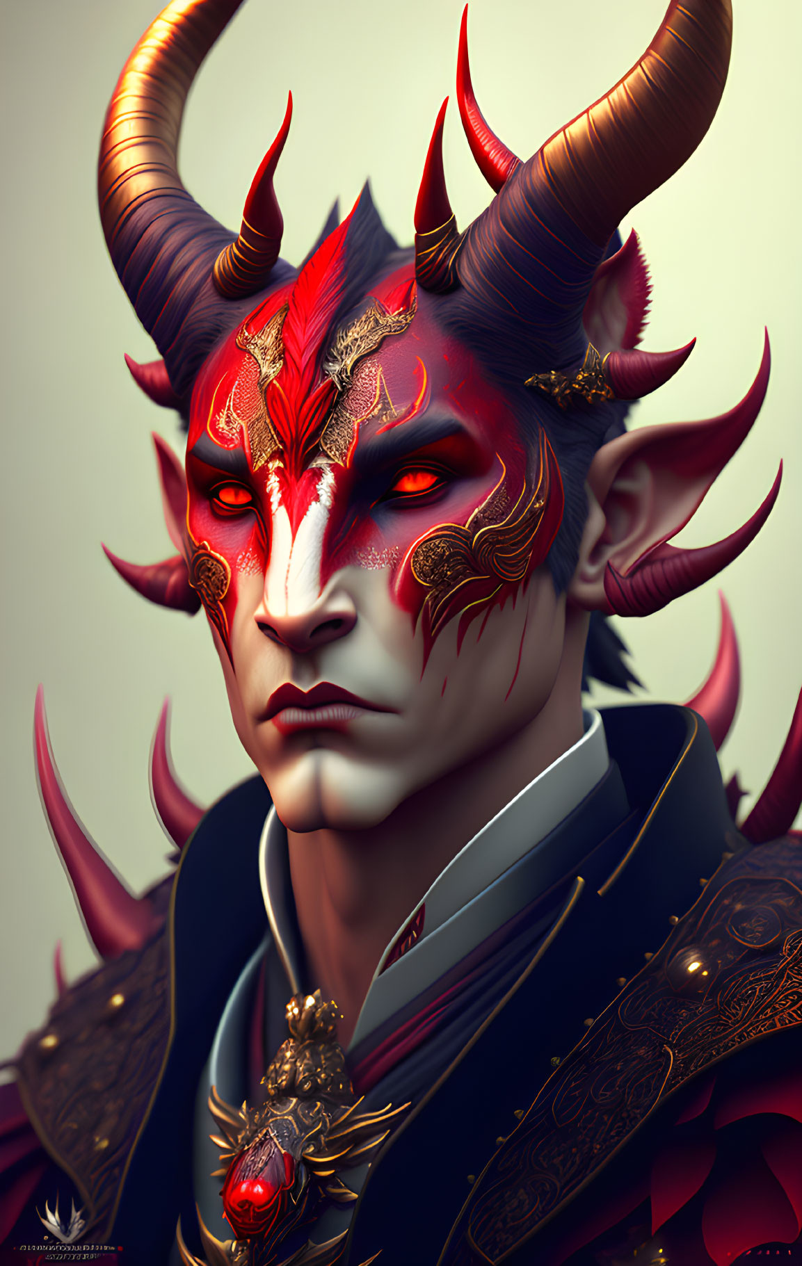 Character with red and gold demonic face paint, curved horns, dark armor.