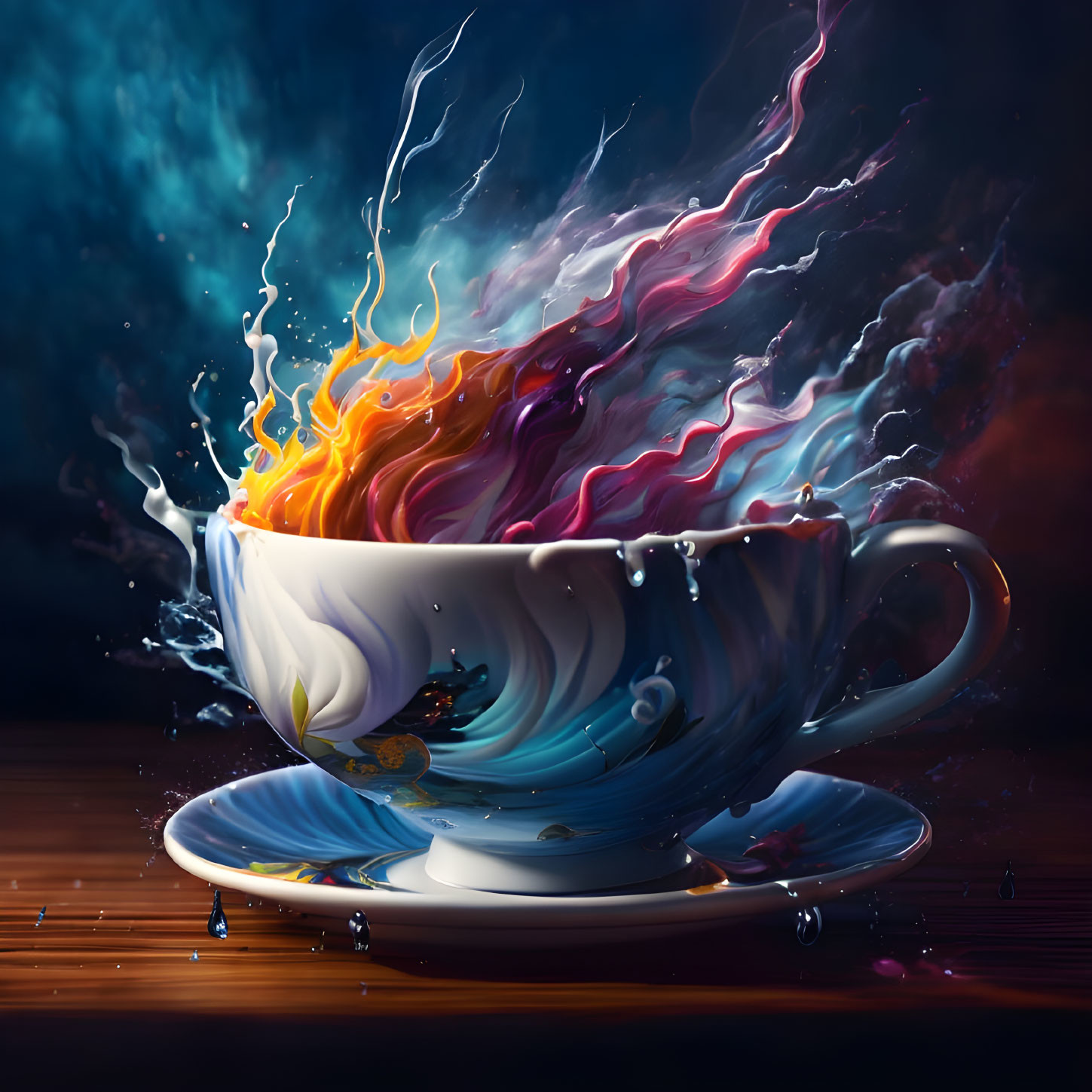 Colorful Cosmic Teacup Splash with Fiery Energy