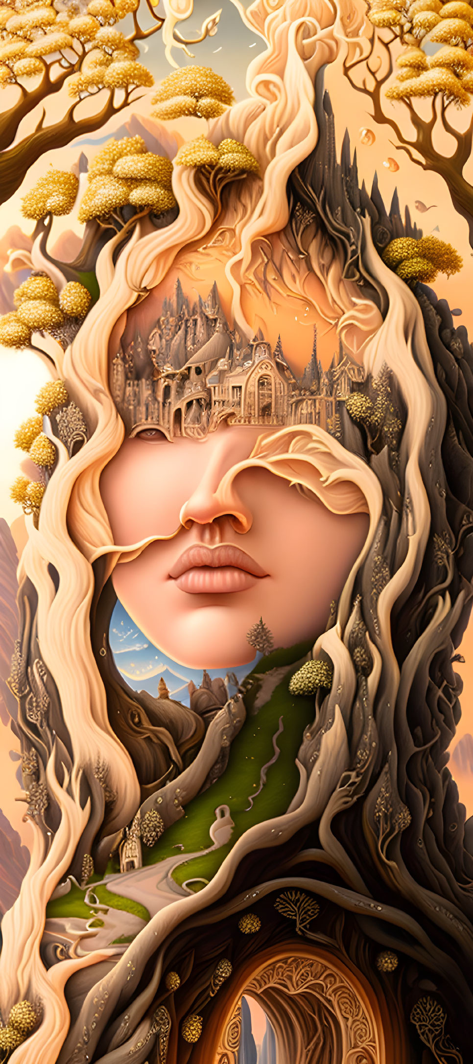 Surreal art: Woman's face merges with castle and trees