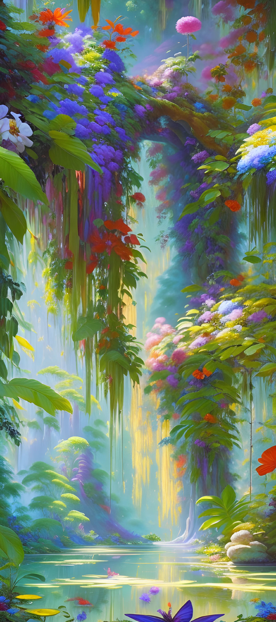 Colorful Magical Forest with Pond and Butterflies