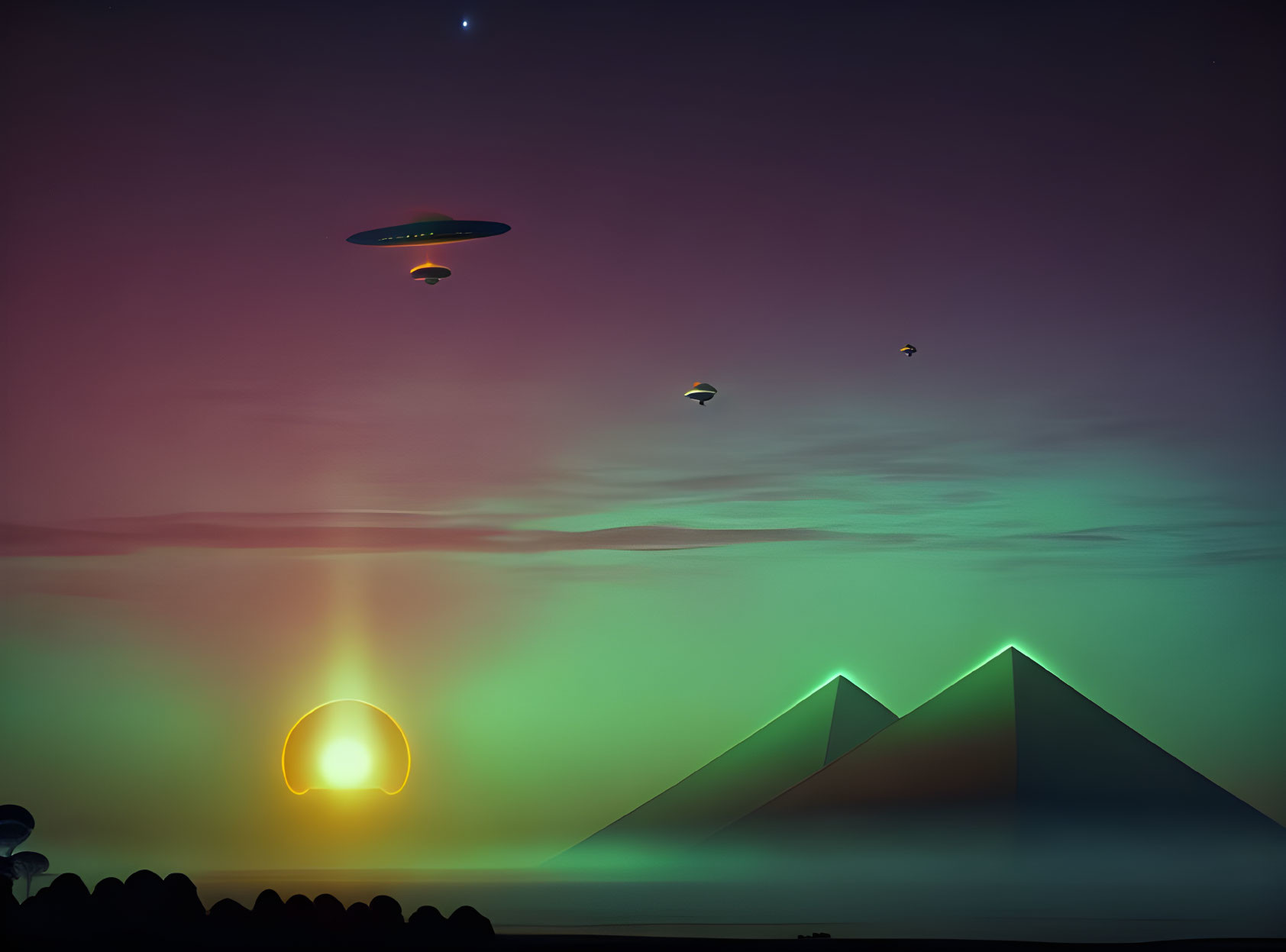 Surreal landscape with pyramids, UFOs, green aurora sky, and sun with human