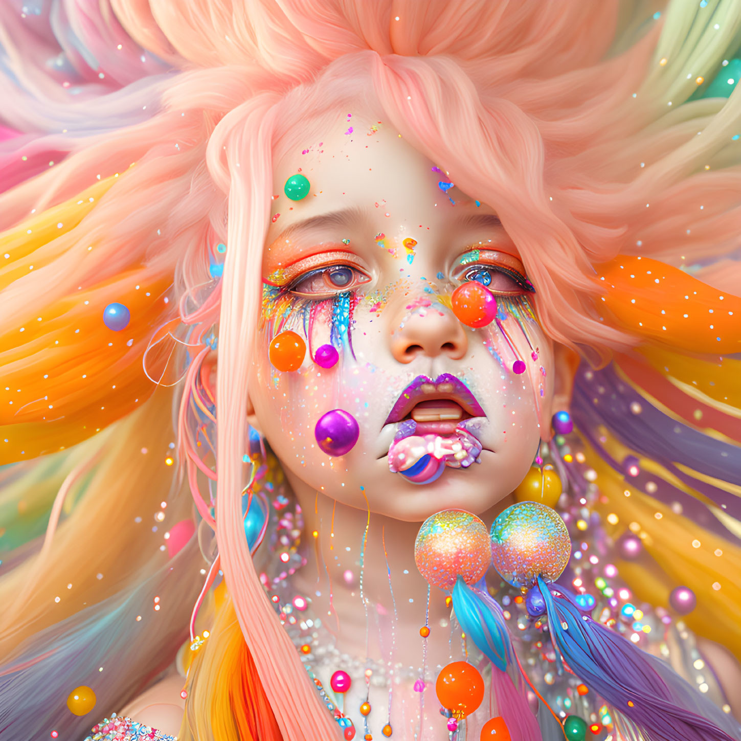 Vibrant digital portrait of a girl with rainbow hair and candy-like accessories