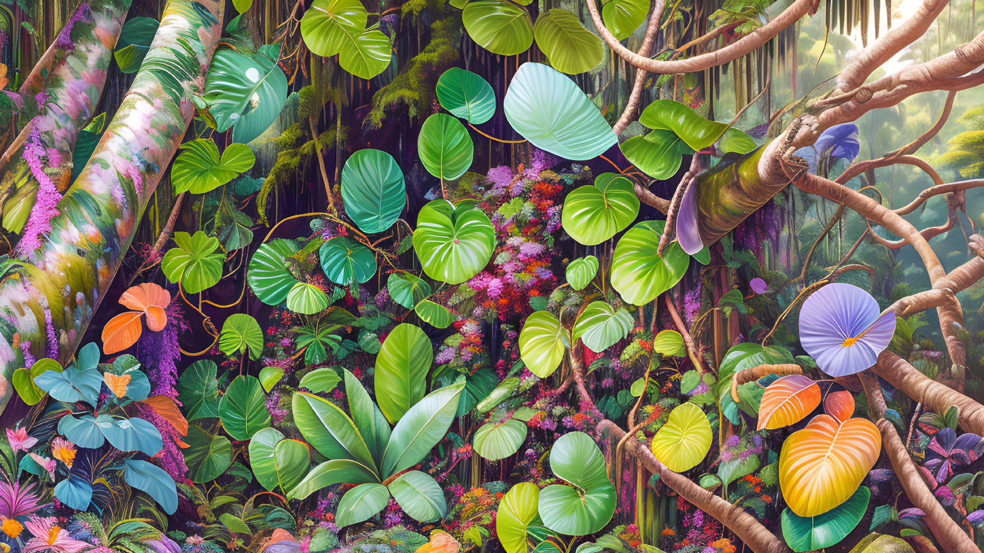 Colorful Jungle Scene with Dense Foliage and Twisting Vines