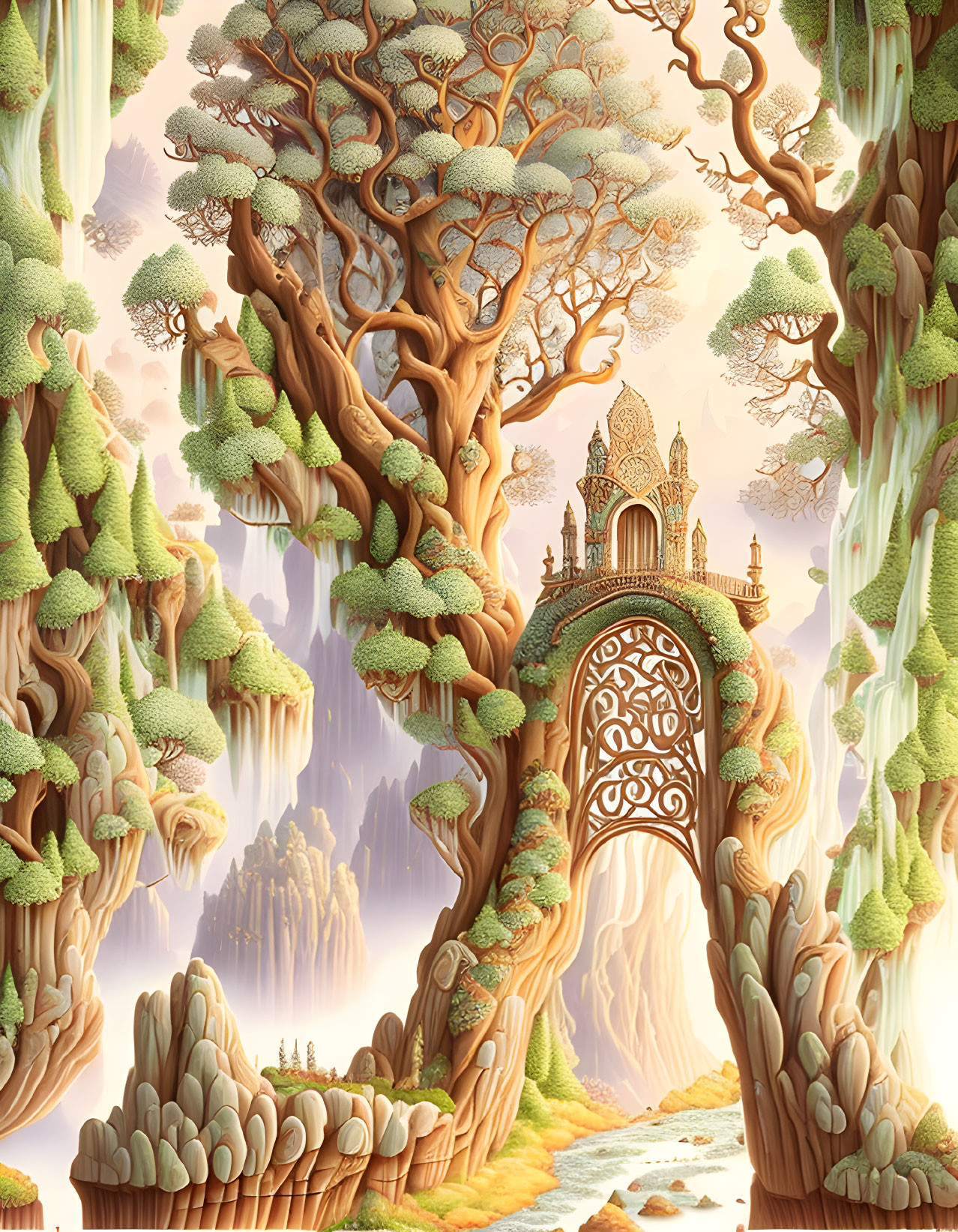 Grand tree with ornate door in fantastical landscape surrounded by lush forests, cliffs, and temple.