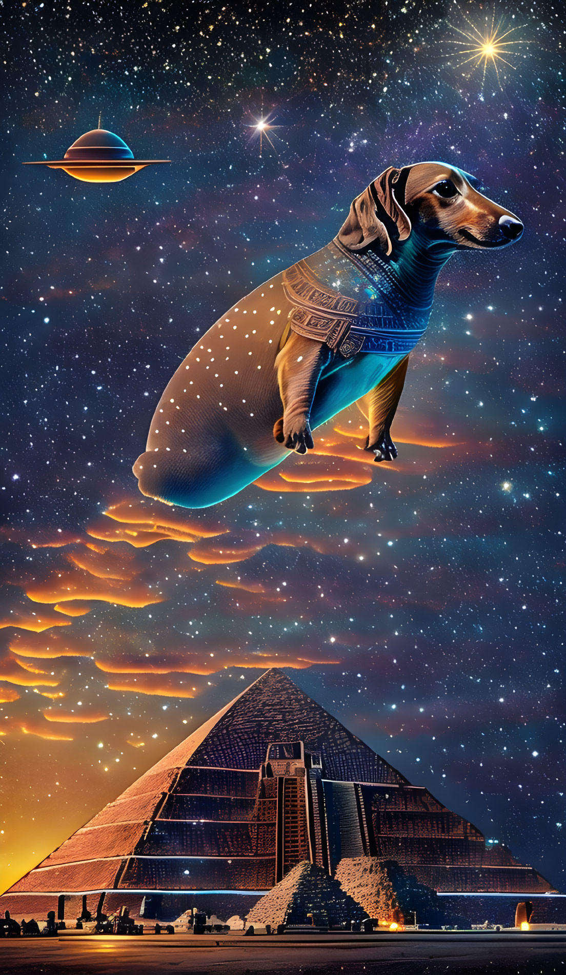 Dachshund in Spacesuit Over Great Pyramid with Starry Sky