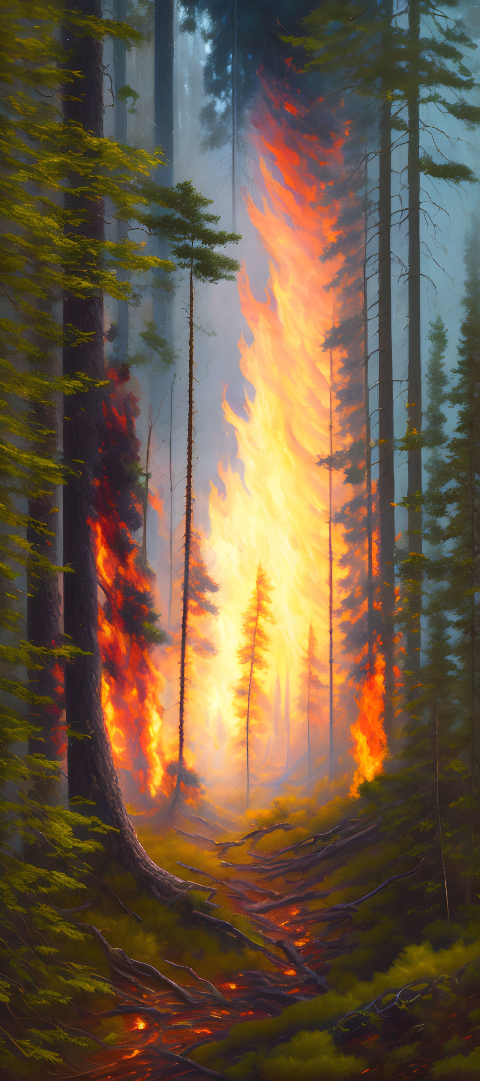 Intense forest fire scene with flames, smoke, and sunlit trees