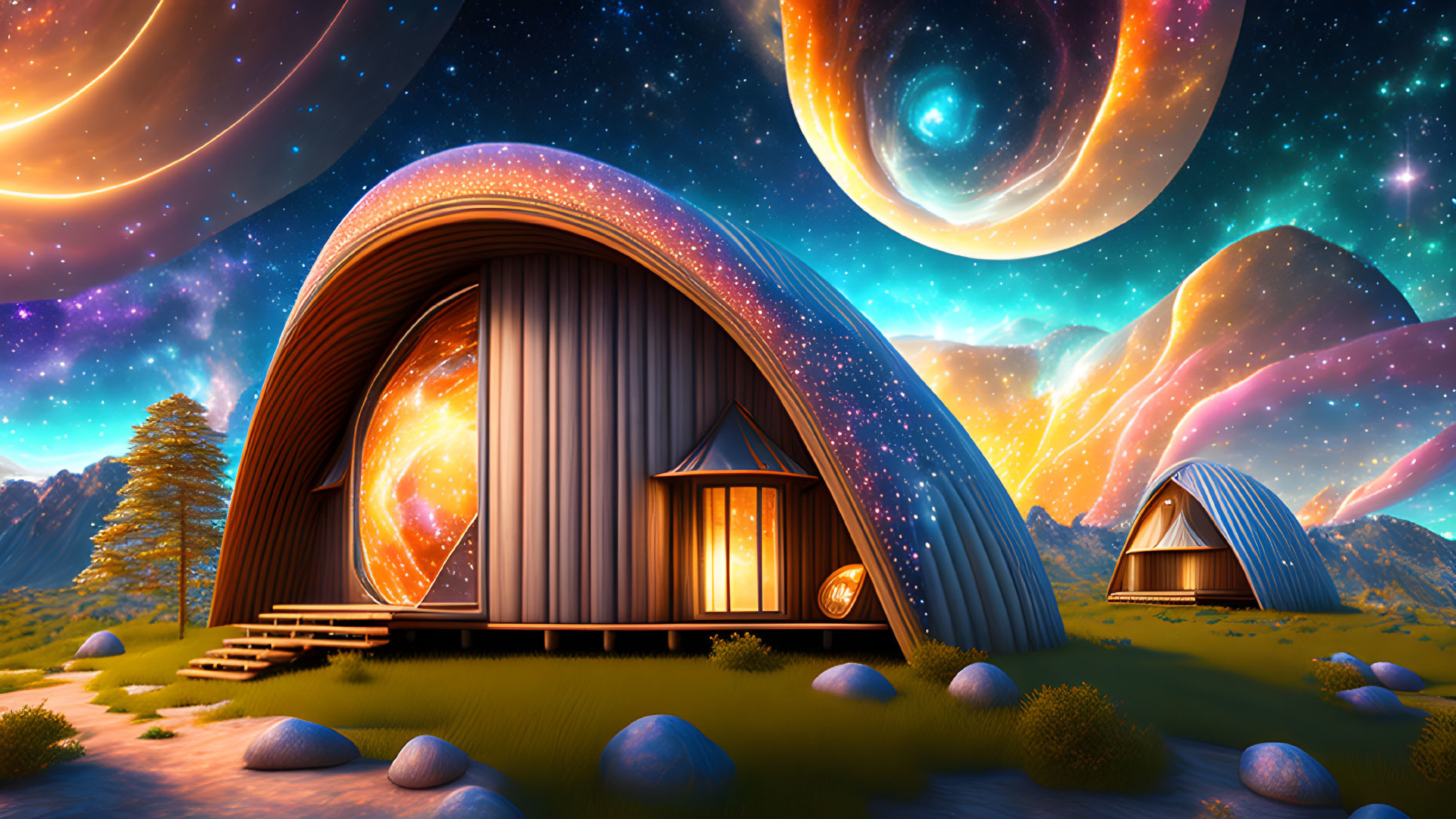 Futuristic domed houses in fantasy landscape with cosmic sky