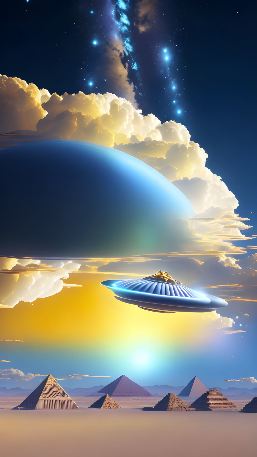 Surreal landscape with pyramids, UFO, and cosmic sky