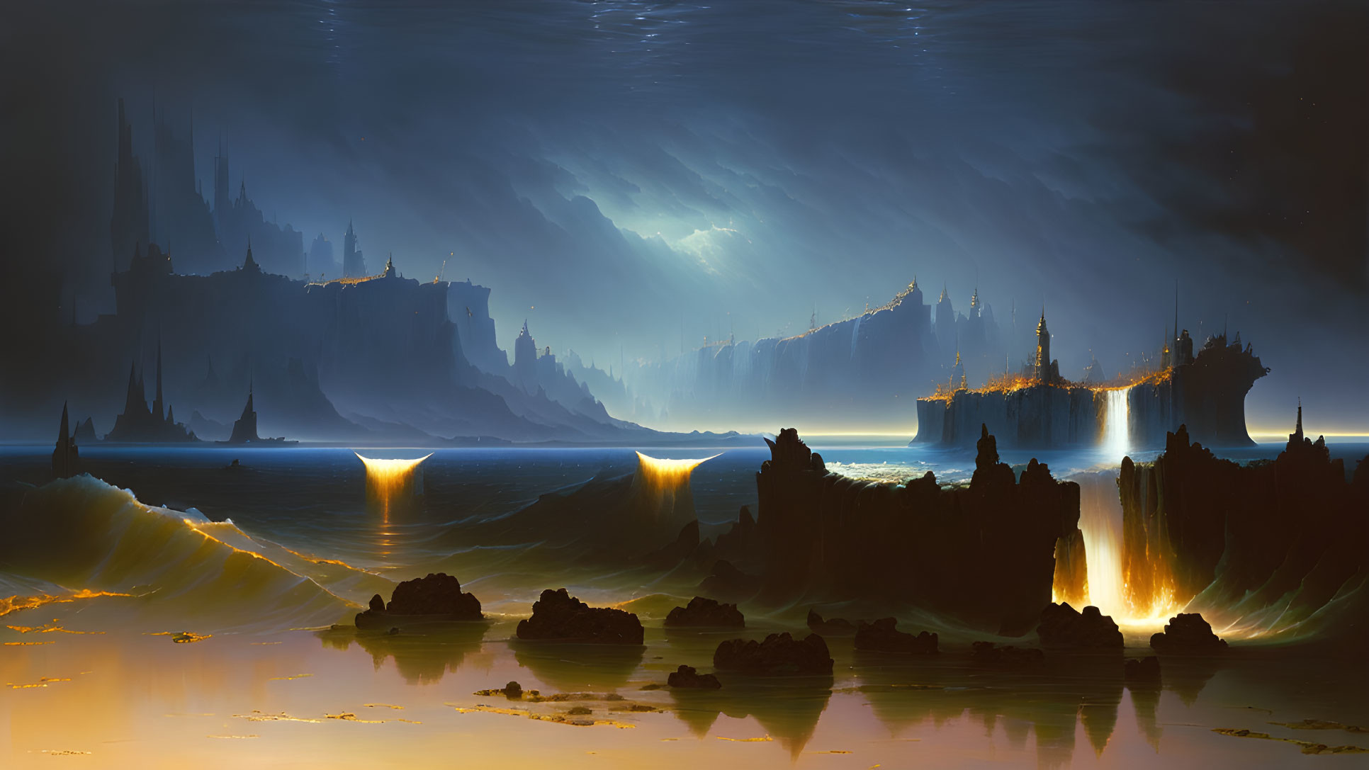 Mystical Nocturnal Seascape with Silhouetted Spire-Like Structures