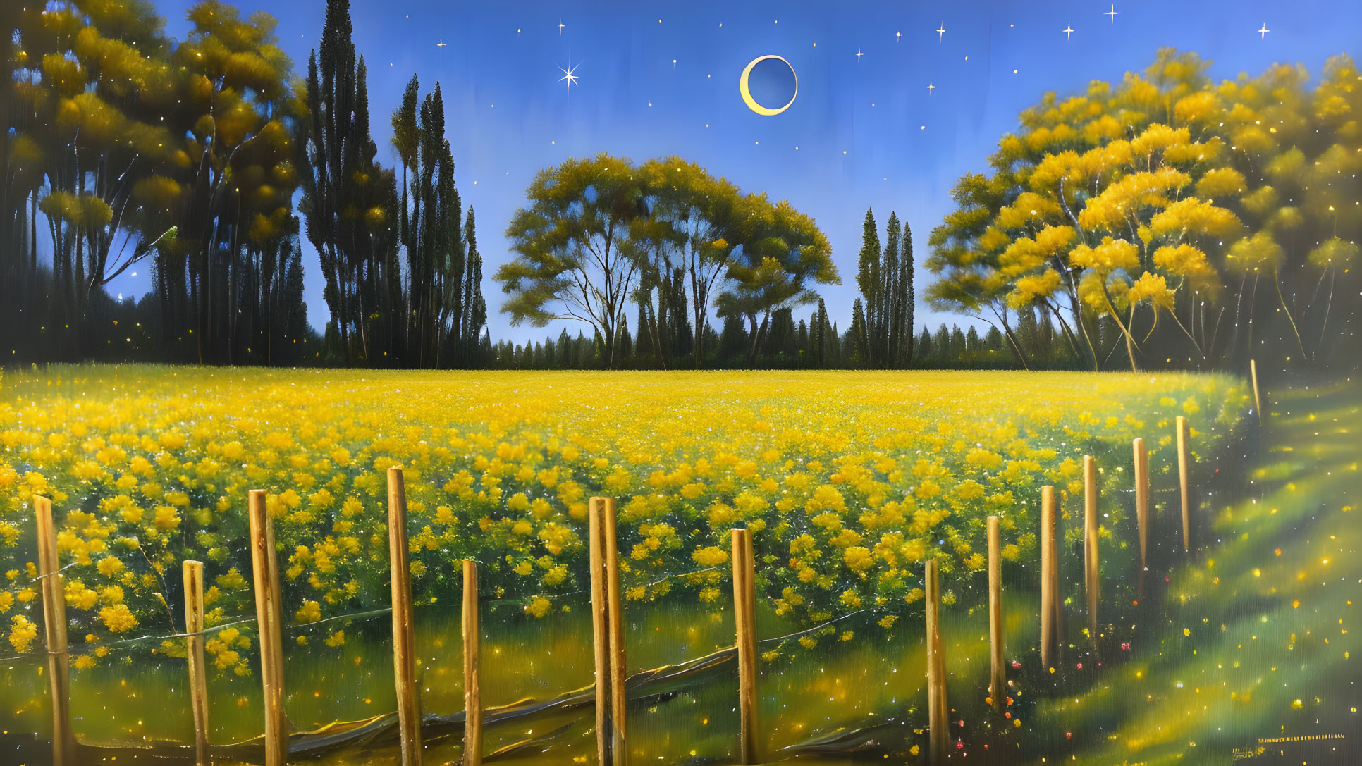 Yellow flower field and trees under night sky with stars and celestial body