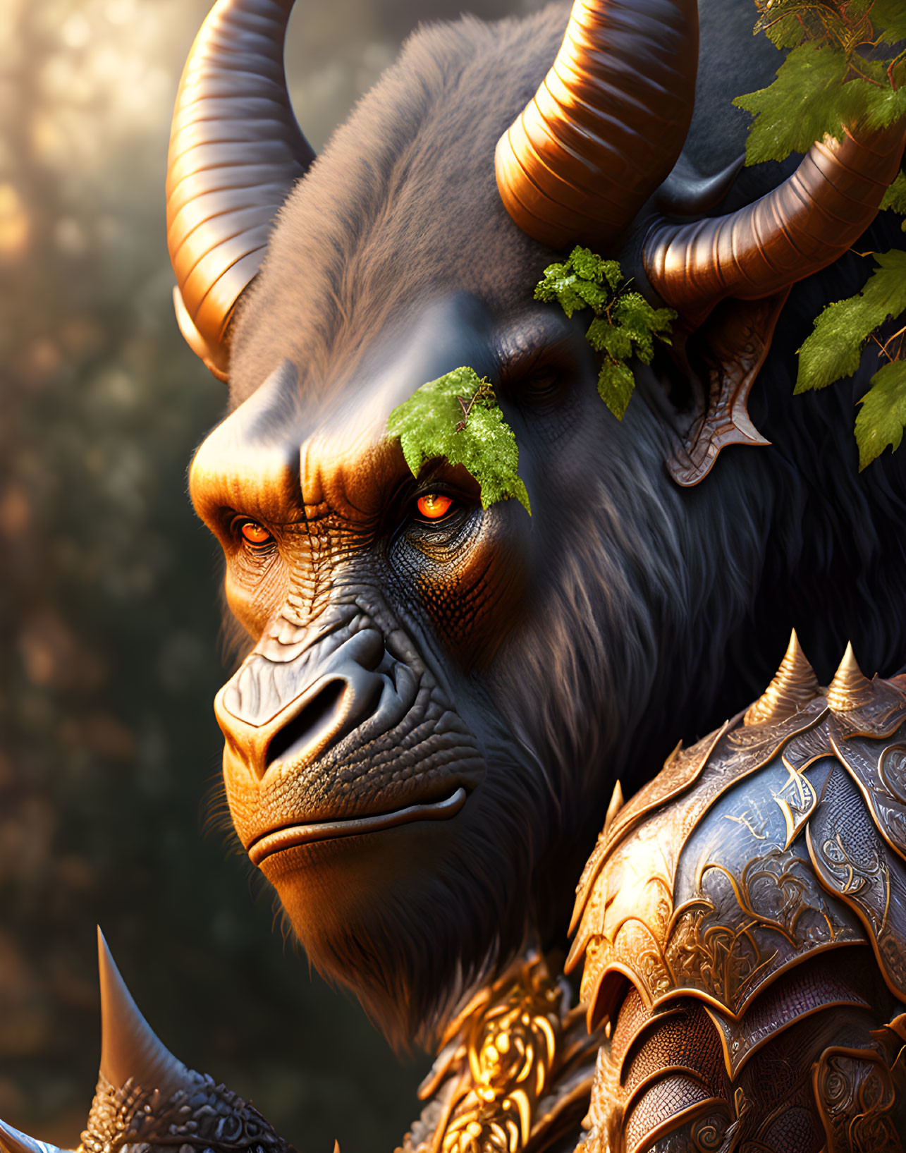 Fantasy creature with buffalo head, textured armor, golden accents & foliage