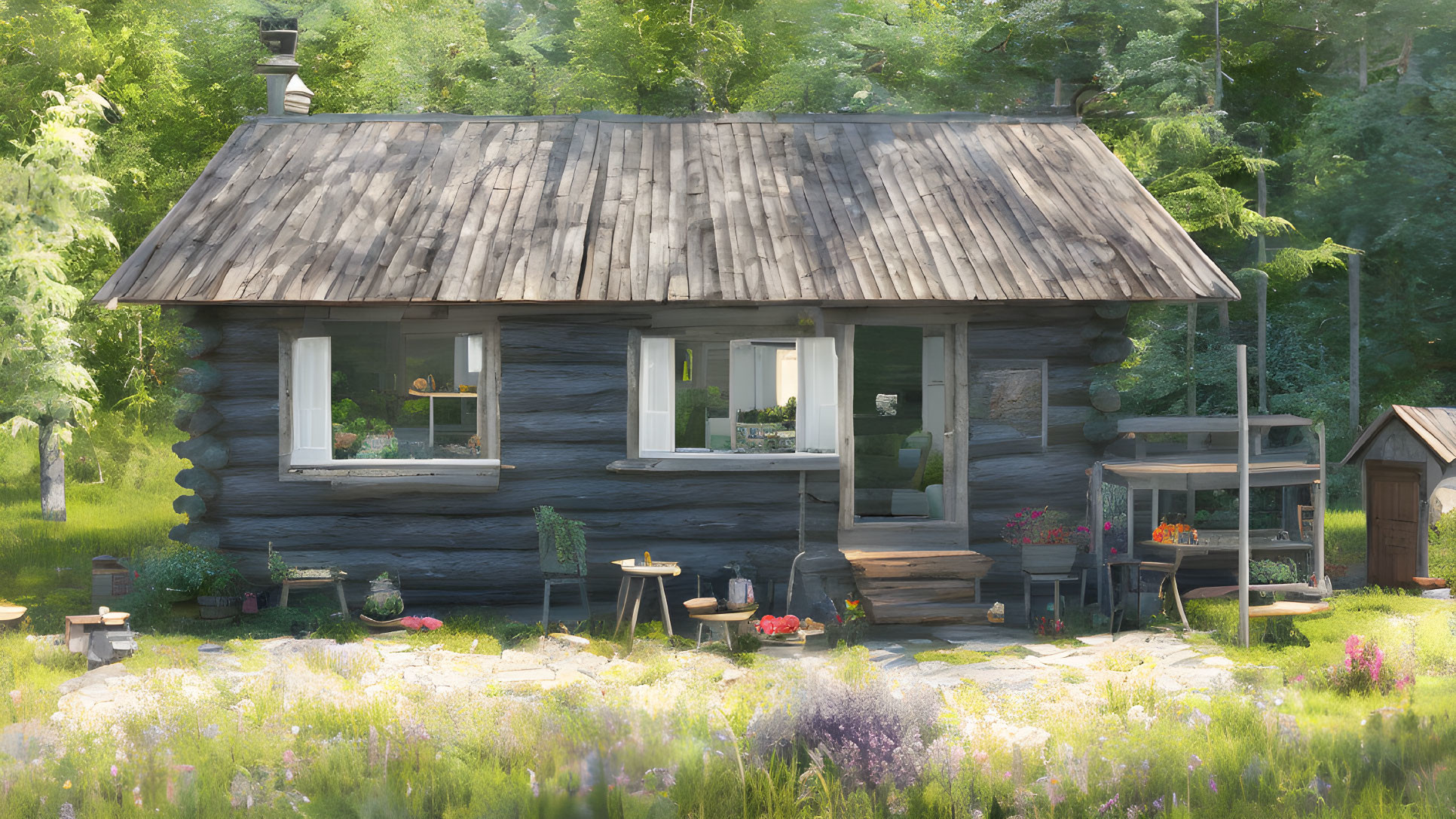 Cozy wooden cabin nestled in greenery and flowers