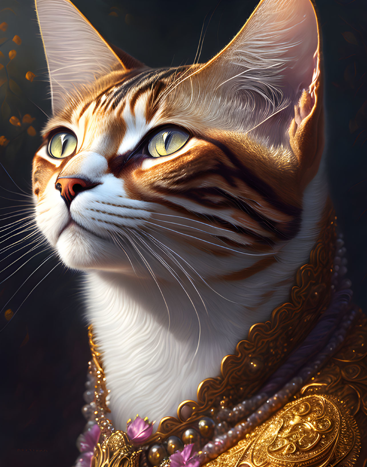 Regal cat with golden eyes and gold jewelry on dark bokeh background