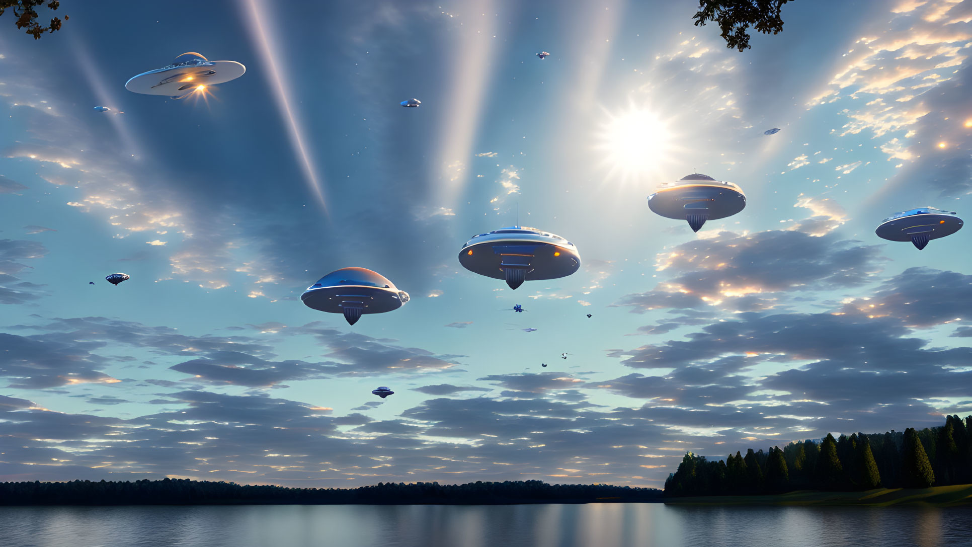 Lakeside landscape with forest, cloudy sky, and UFO beams