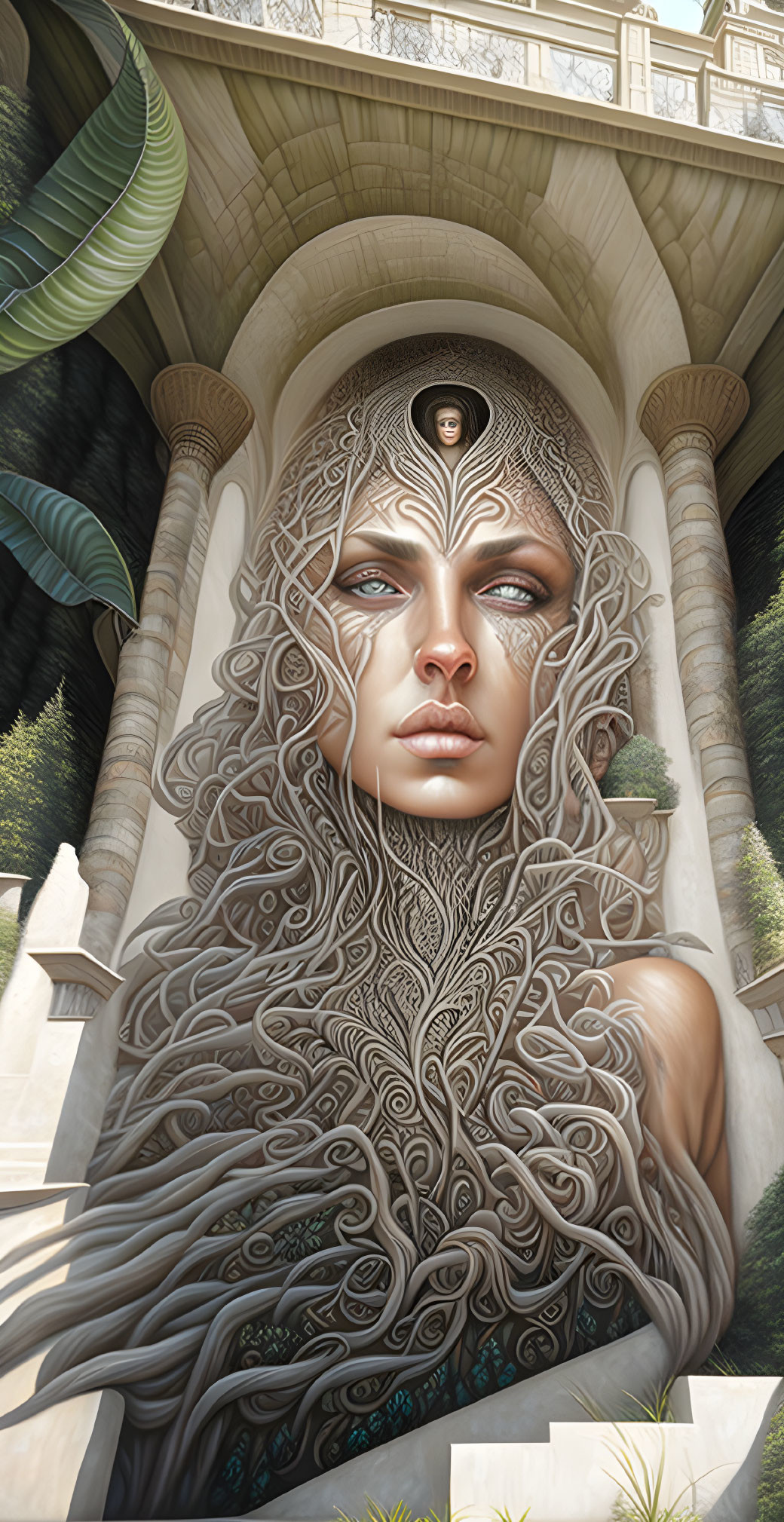 Detailed woman artwork surrounded by classical architecture and lush greenery