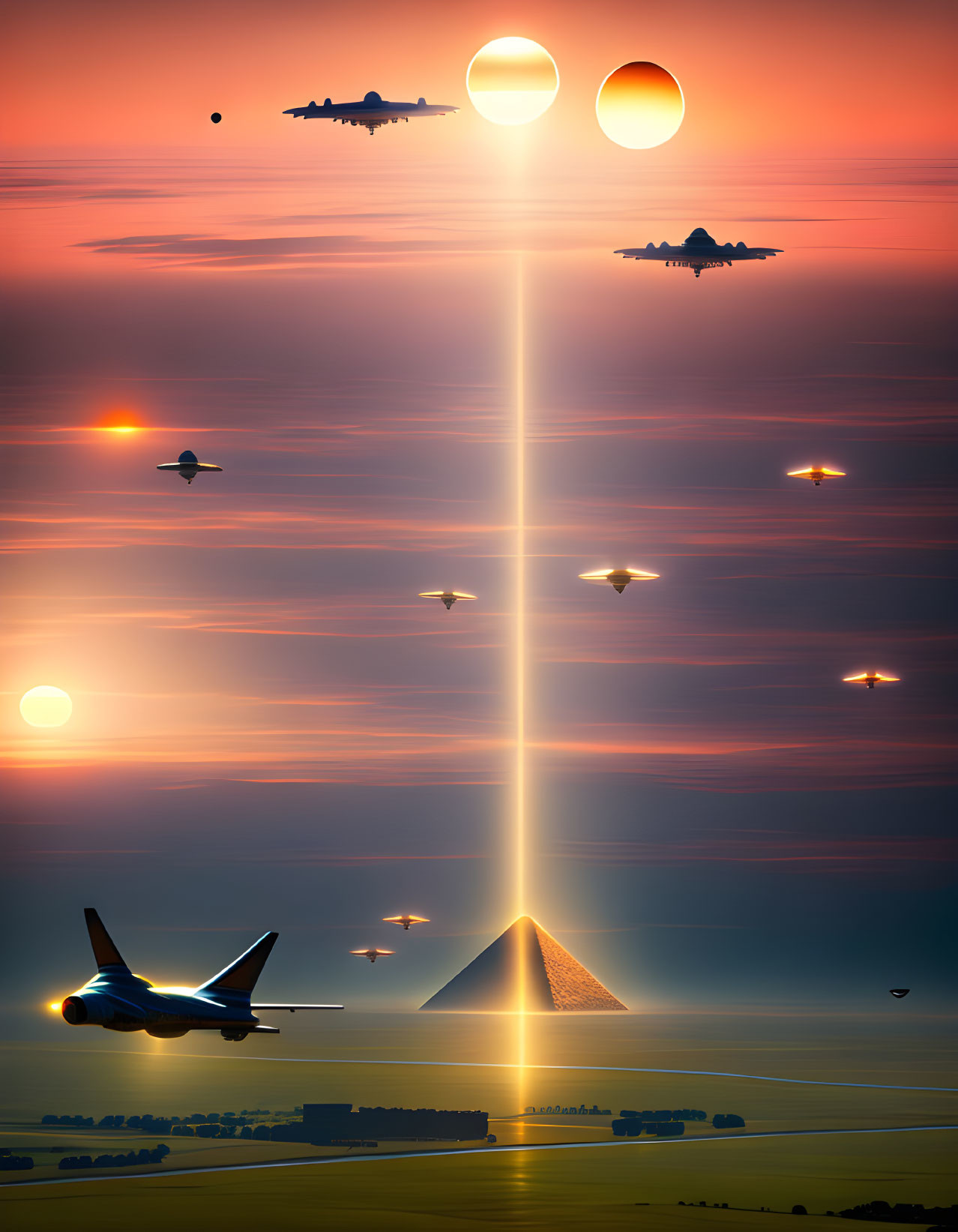 Surreal sunset with multiple suns, aircraft, pyramid, and light beam