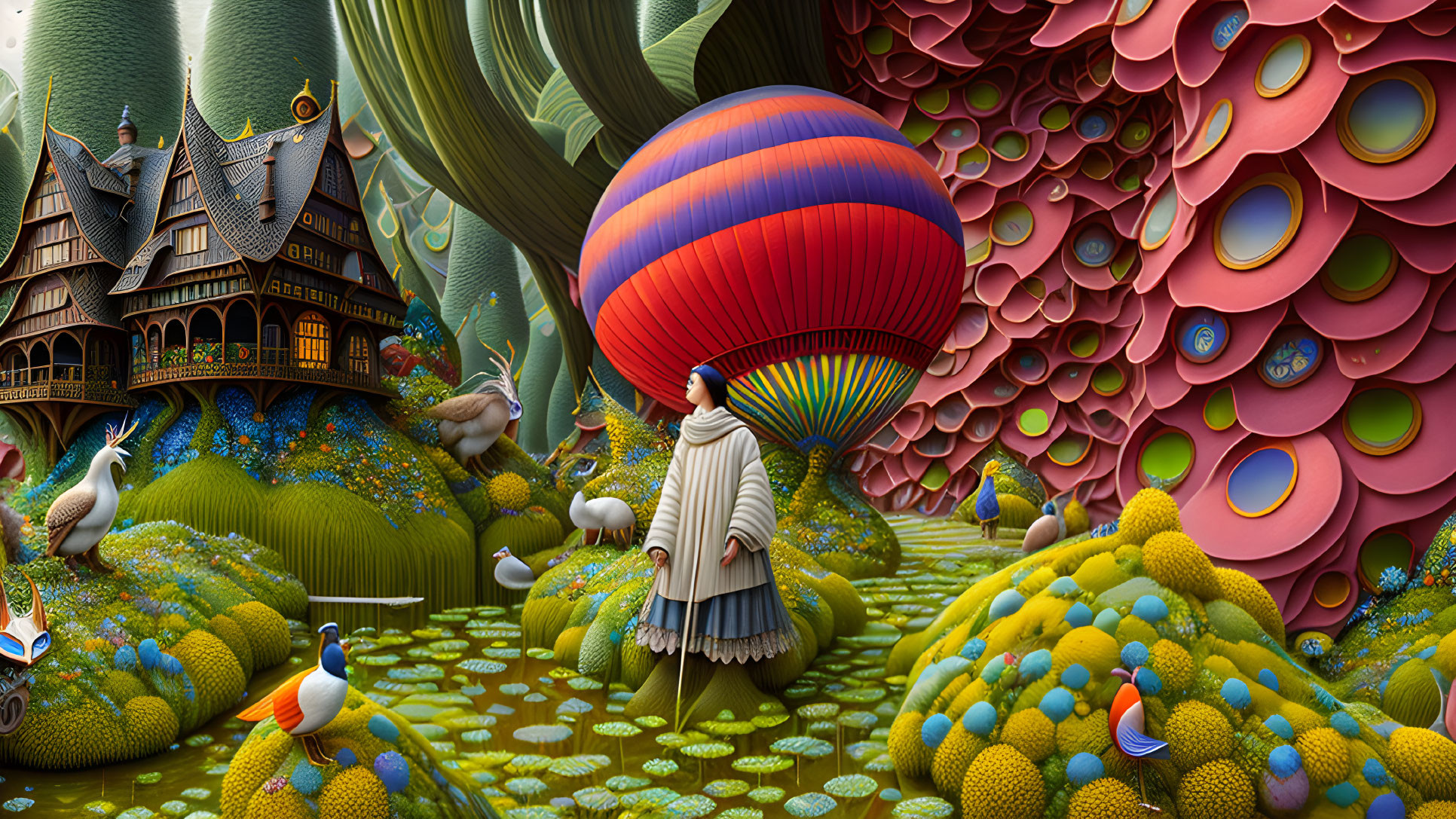 Colorful landscape with hot air balloon, fantastical birds, and imaginative house