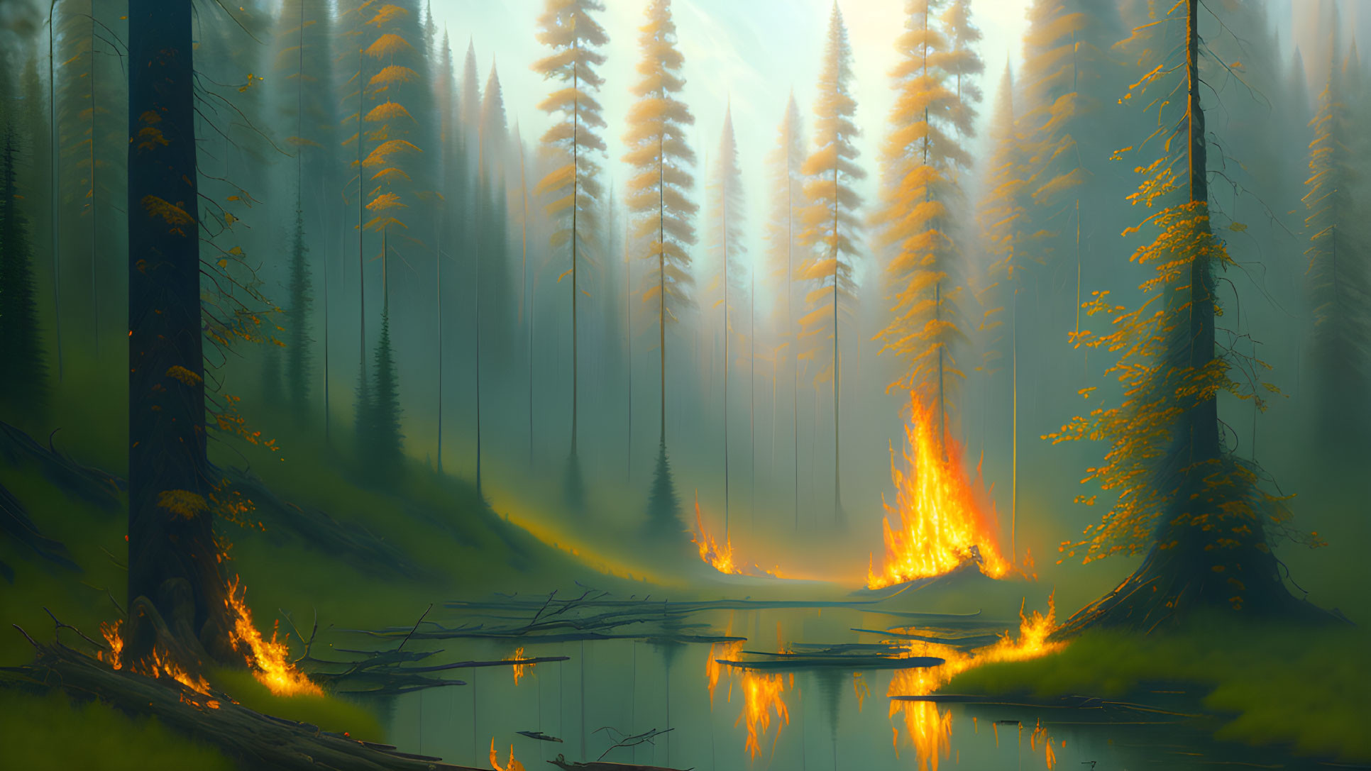 Tranquil forest landscape with tall trees, stream, and fire in golden light