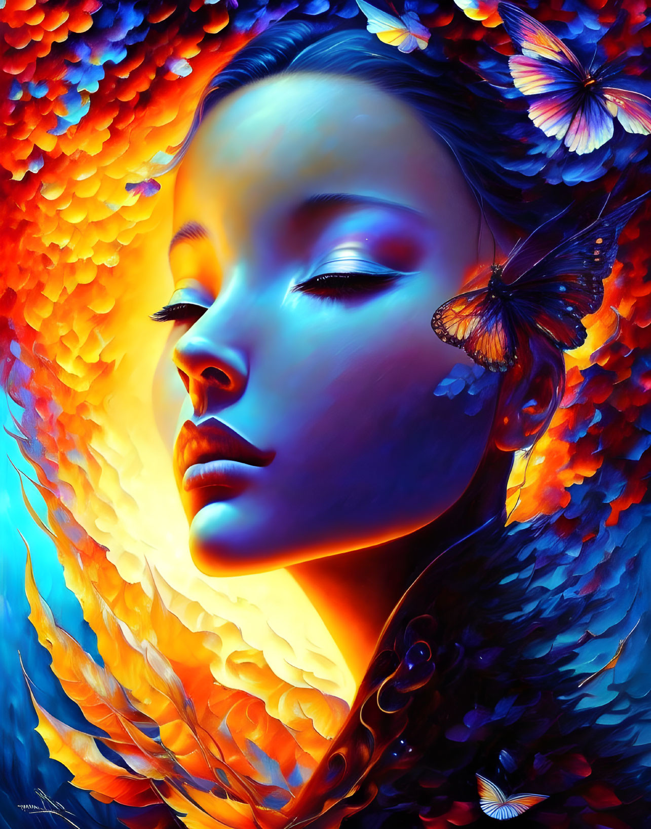 Colorful Woman's Profile with Blue Skin and Orange Feathers Artwork