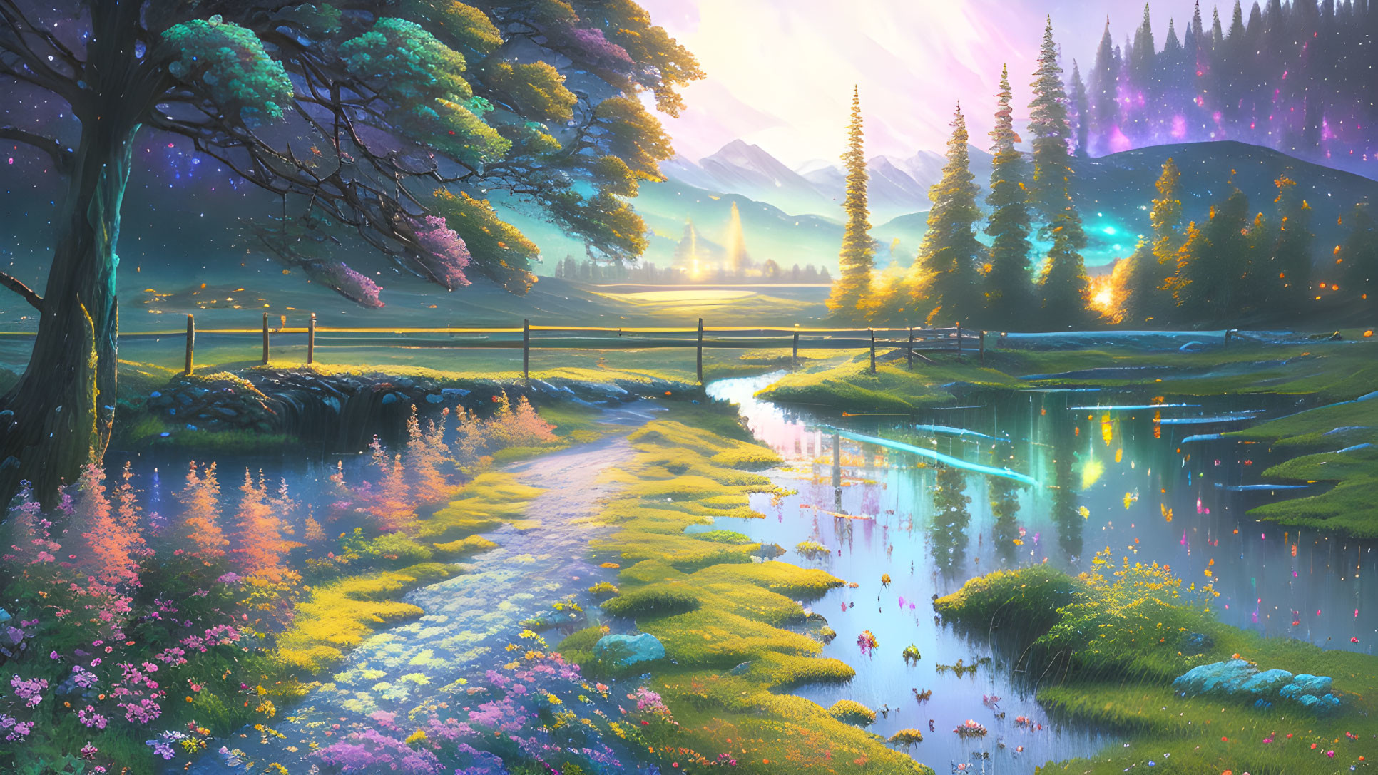 Colorful Fantasy Landscape with River, Flora, Trees, Bridge, and Northern Lights
