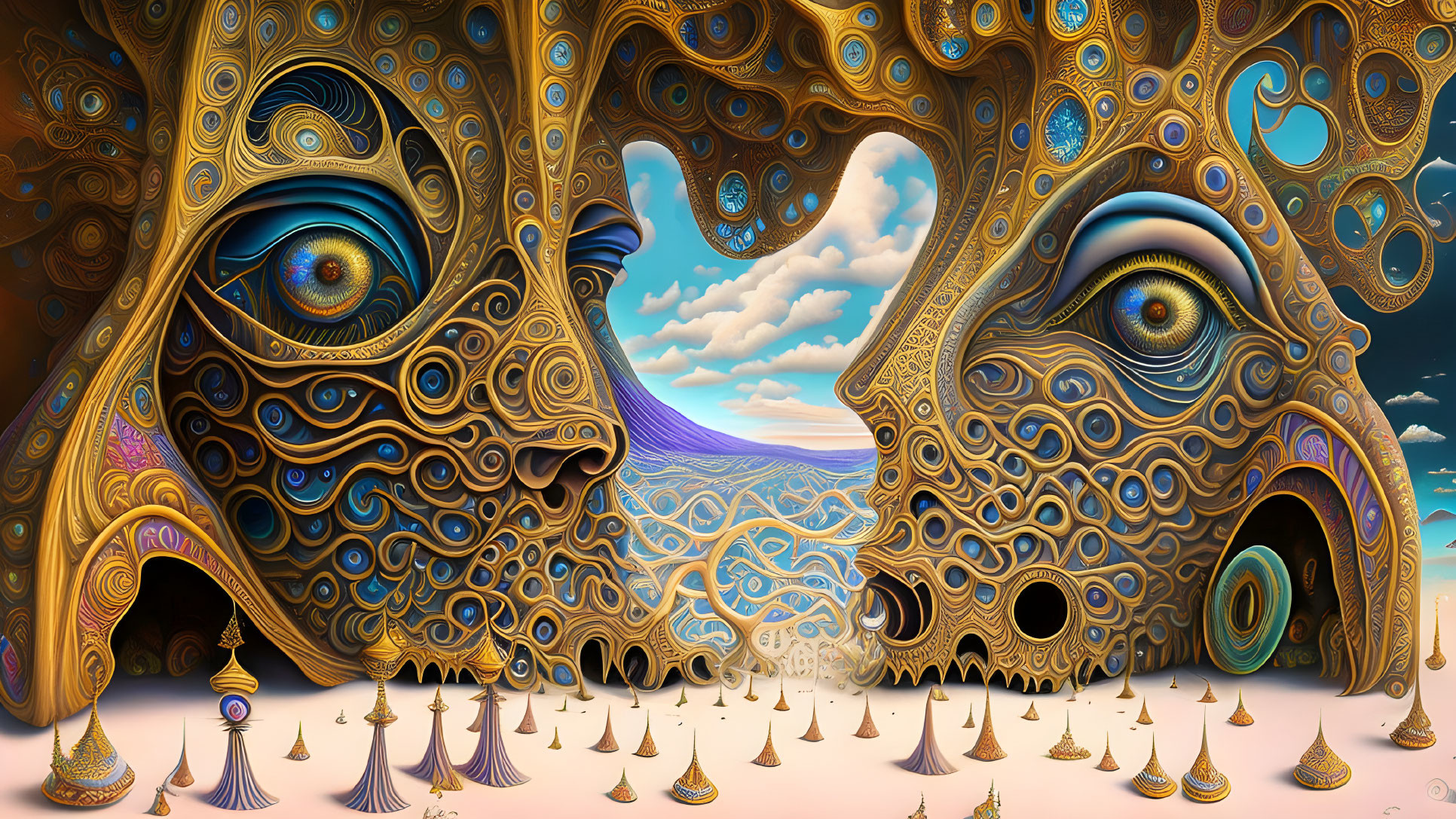 Intricate surreal landscape with swirling patterns and fantastical faces in a desert.