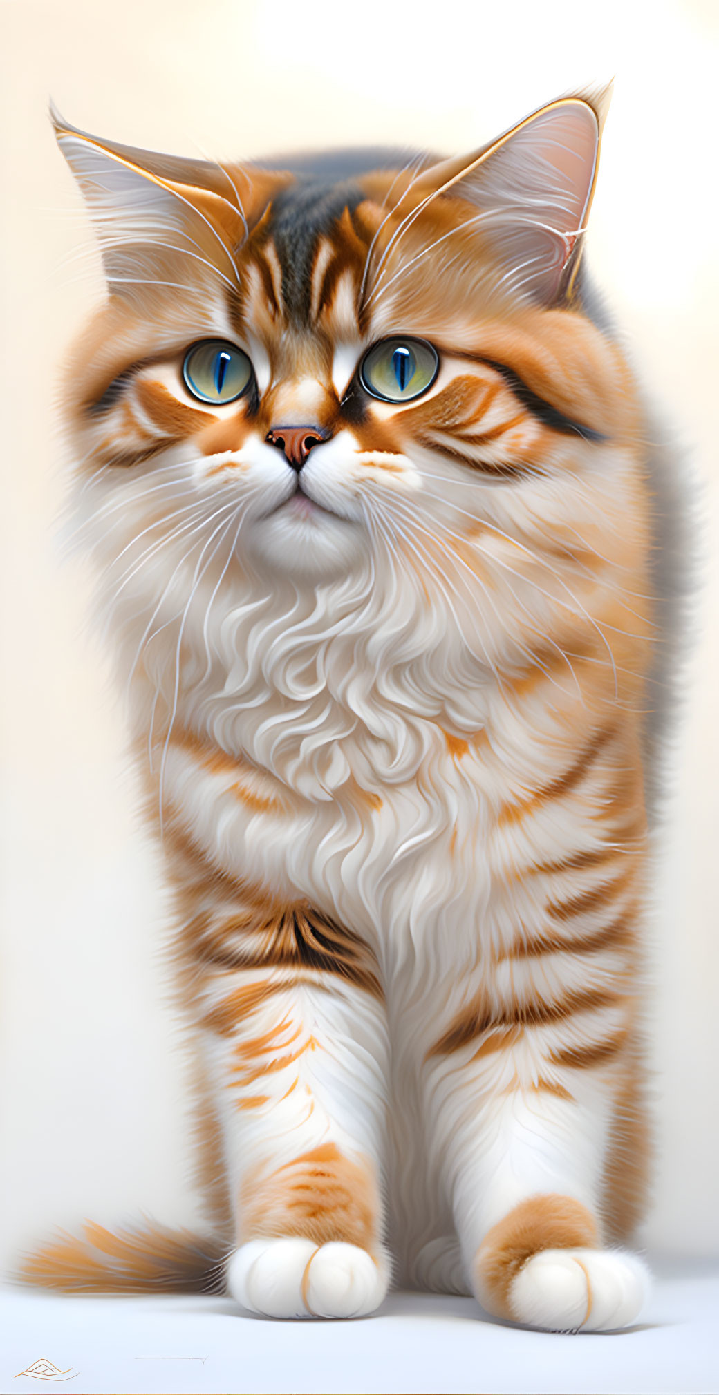 Fluffy white and orange cat with blue eyes on light background