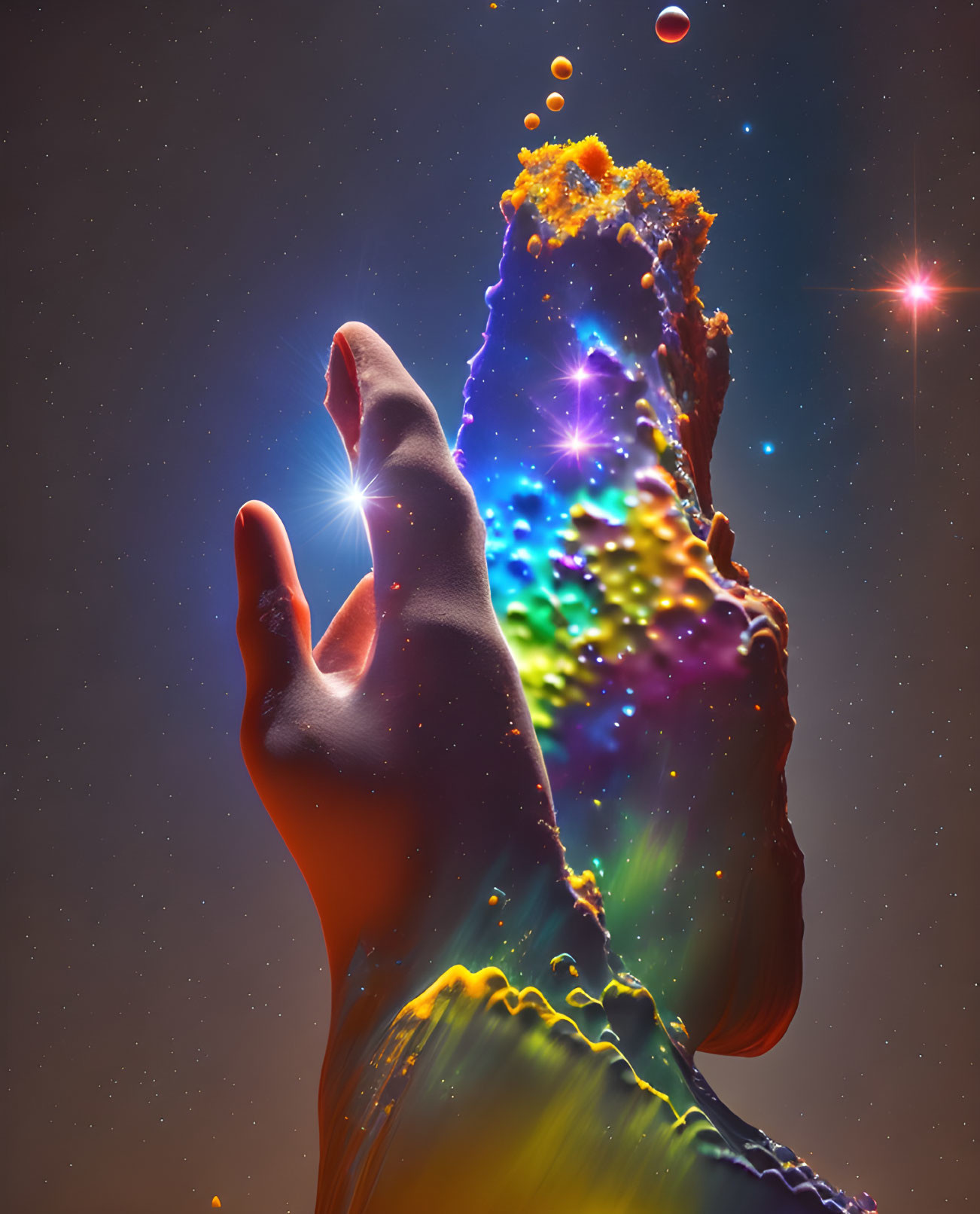 Cosmic background with hand reaching out in vibrant colors