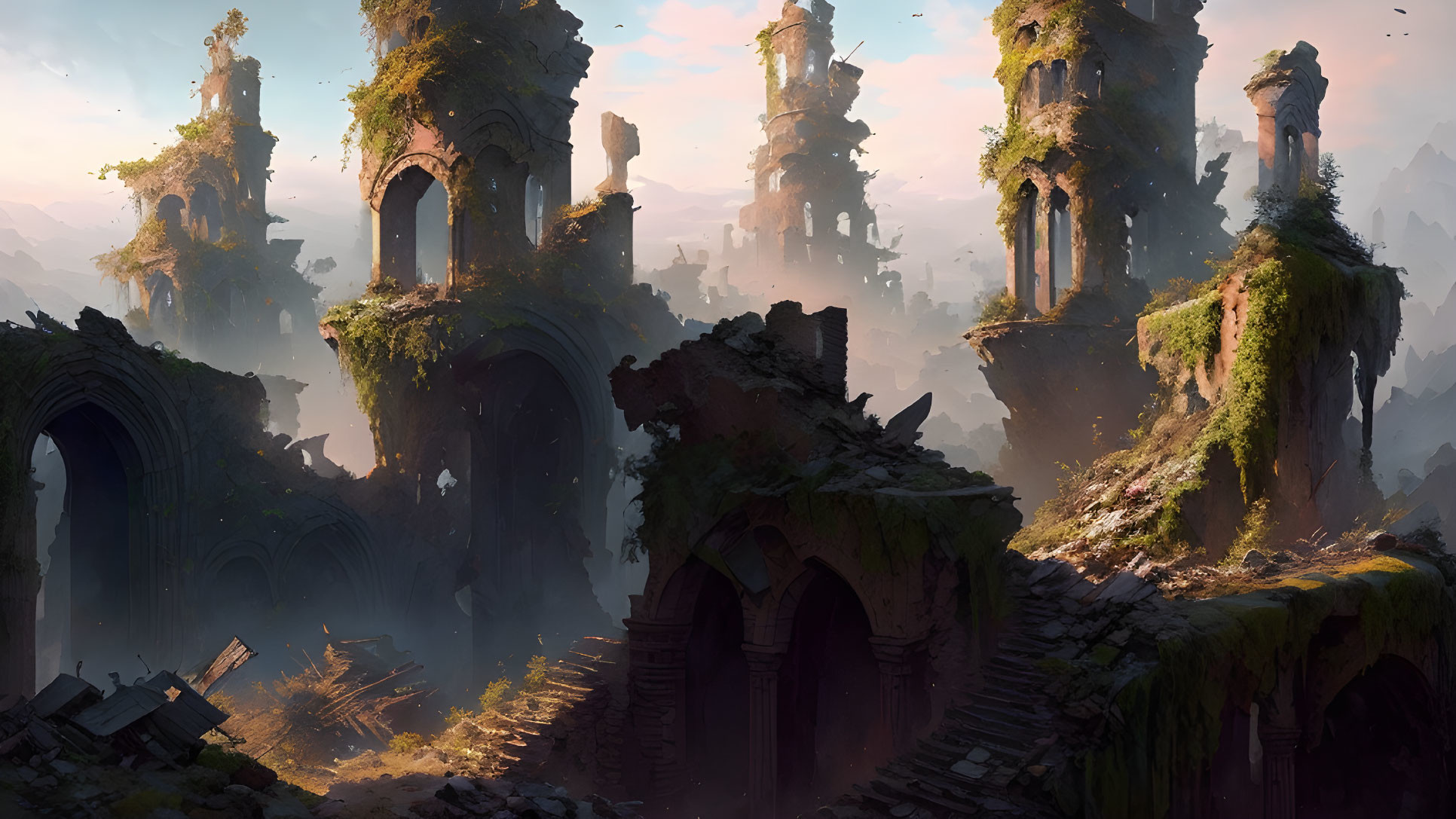 Overgrown ancient ruins with towering arches and pillars in soft-lit landscape