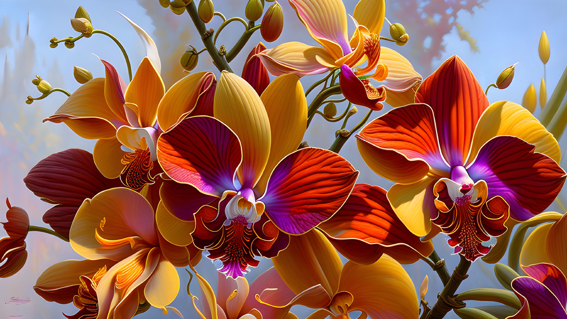 Colorful Orchid Flowers in Red, Yellow, and Purple Hues