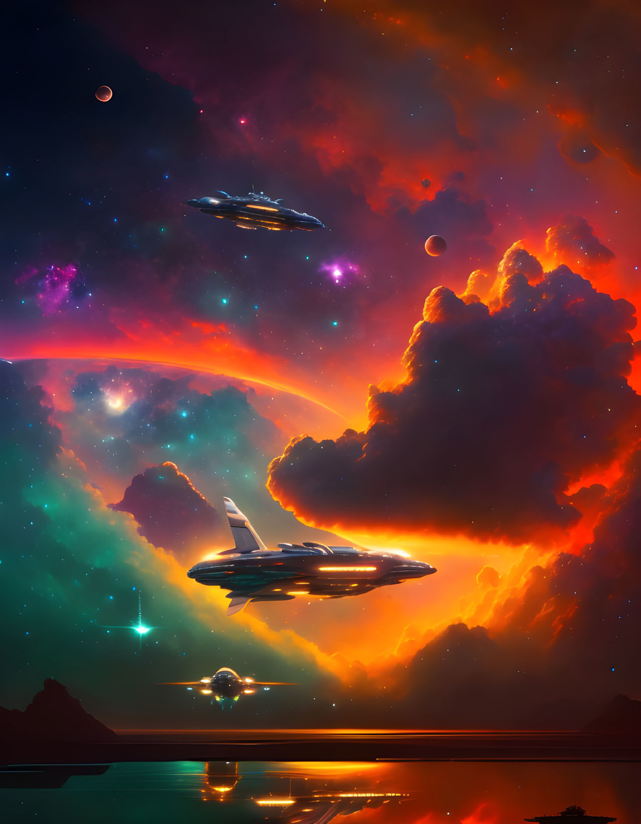 Colorful sci-fi scene with spaceships, nebulas, stars, and planets in cosmic sky