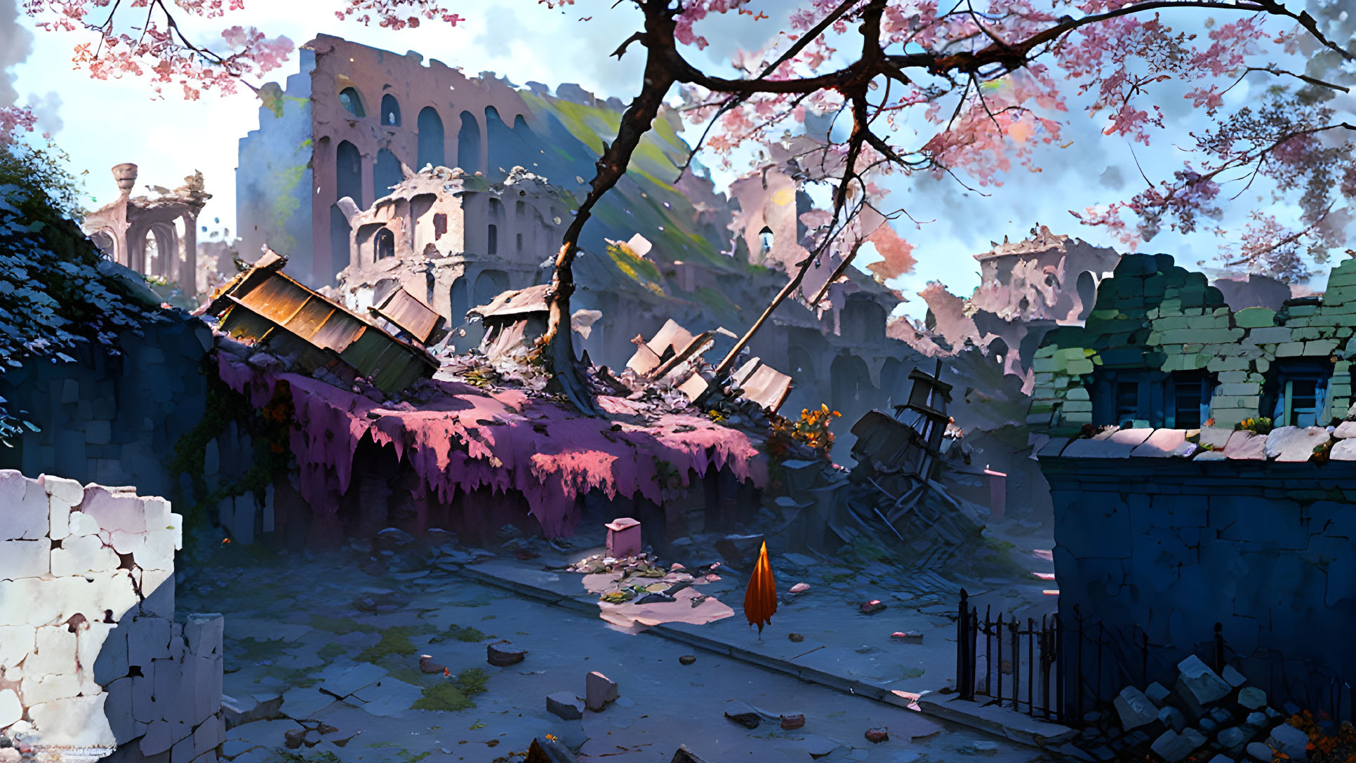 Abandoned cityscape with cherry tree, figure, and clear sky