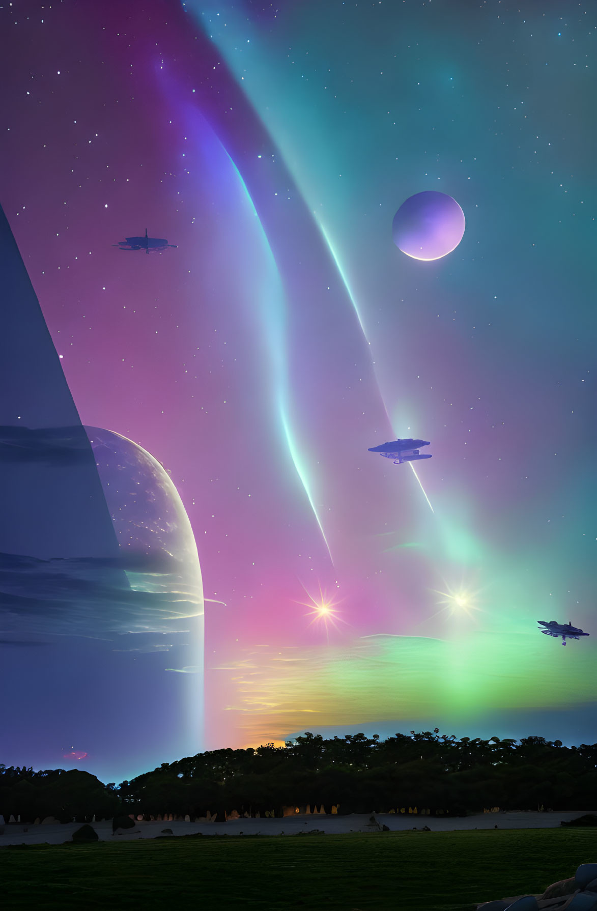 Colorful aurora, spacecraft, planet, stars, and serene landscape in space.