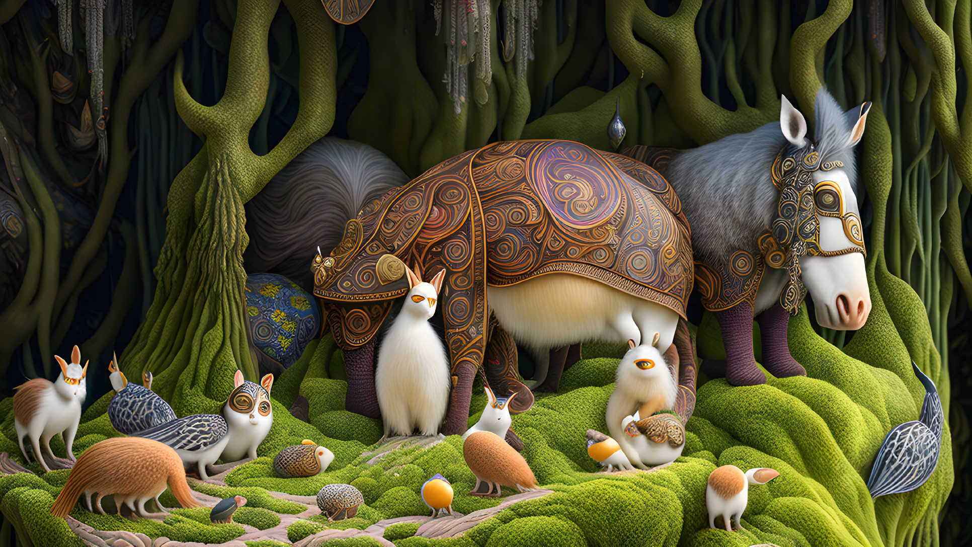 Decorated armadillo, ornate horse, rabbit and bird-like creatures in lush forest