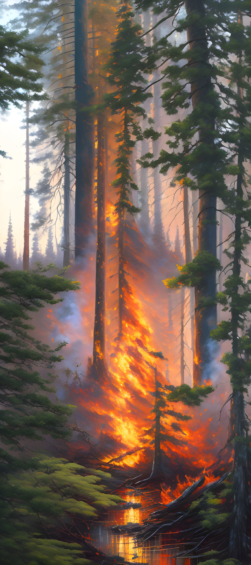 Illustration of towering trees in a forest fire with dense smoke.