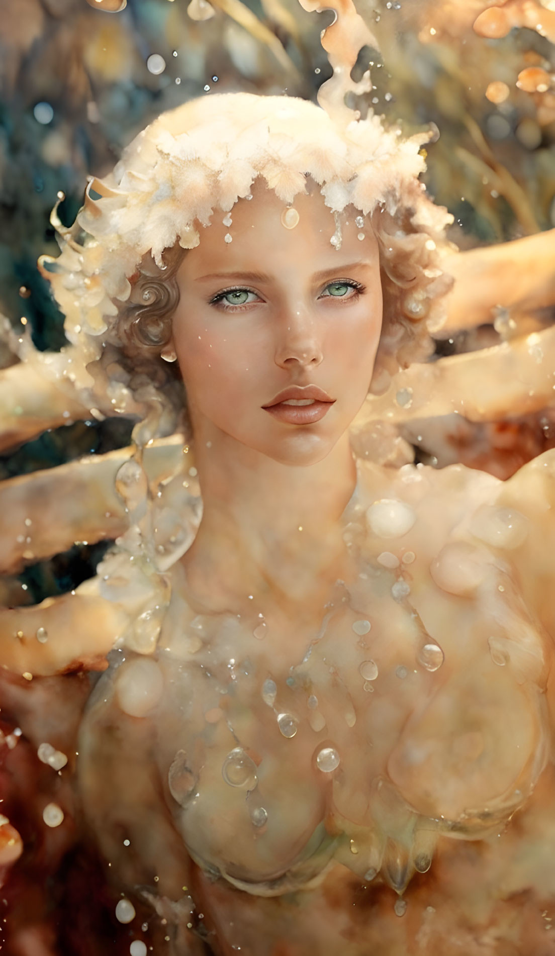 Digital artwork: Woman submerged in water with serene expression and lamb's-wool headpiece.