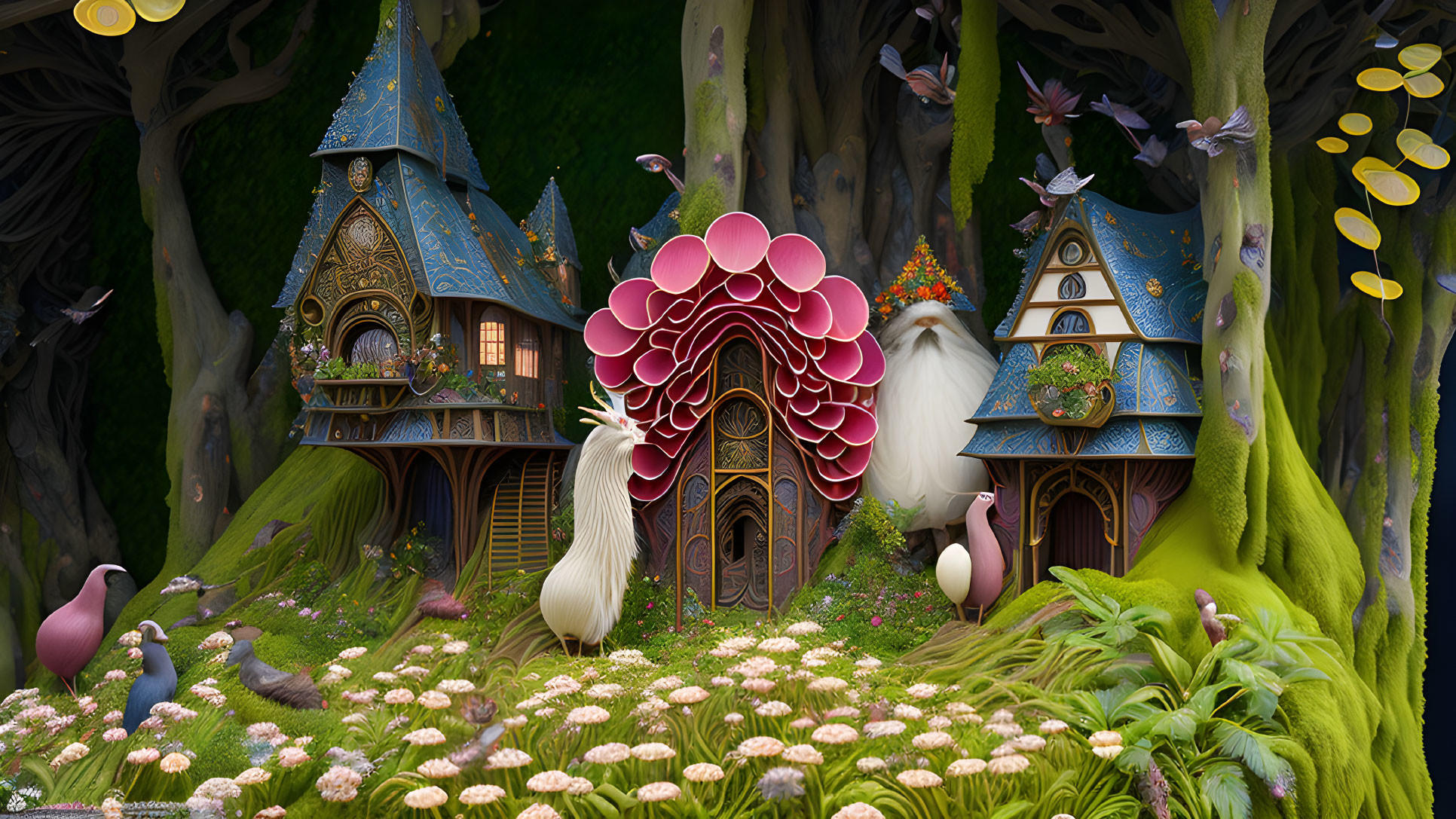 Enchanting forest scene with whimsical houses, colorful birds, luminous butterflies, and lush plants