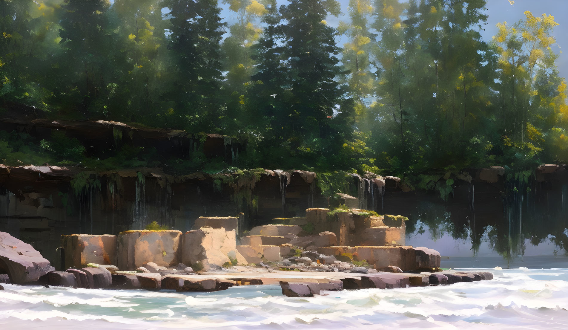 Tranquil river landscape with cascading waterfalls